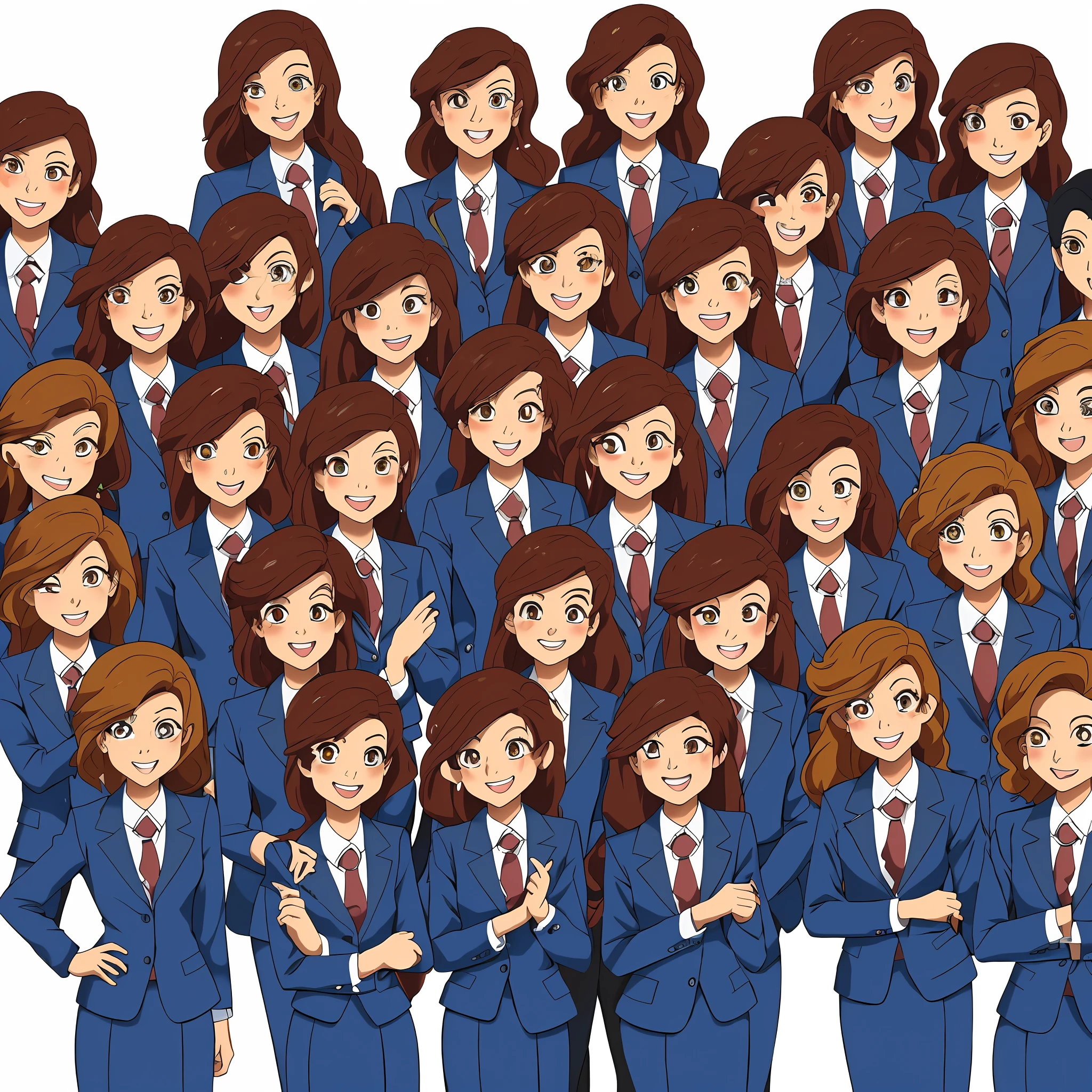 perfect anime illustration, multiple girls, clones, identical sisters, brown hair, curly hair, long hair, matching hairstyle, hazel eyes, smiling, business attire, blue skirt suit, black high heels, matching outfits, businesswomen, highres, full body, bare legs