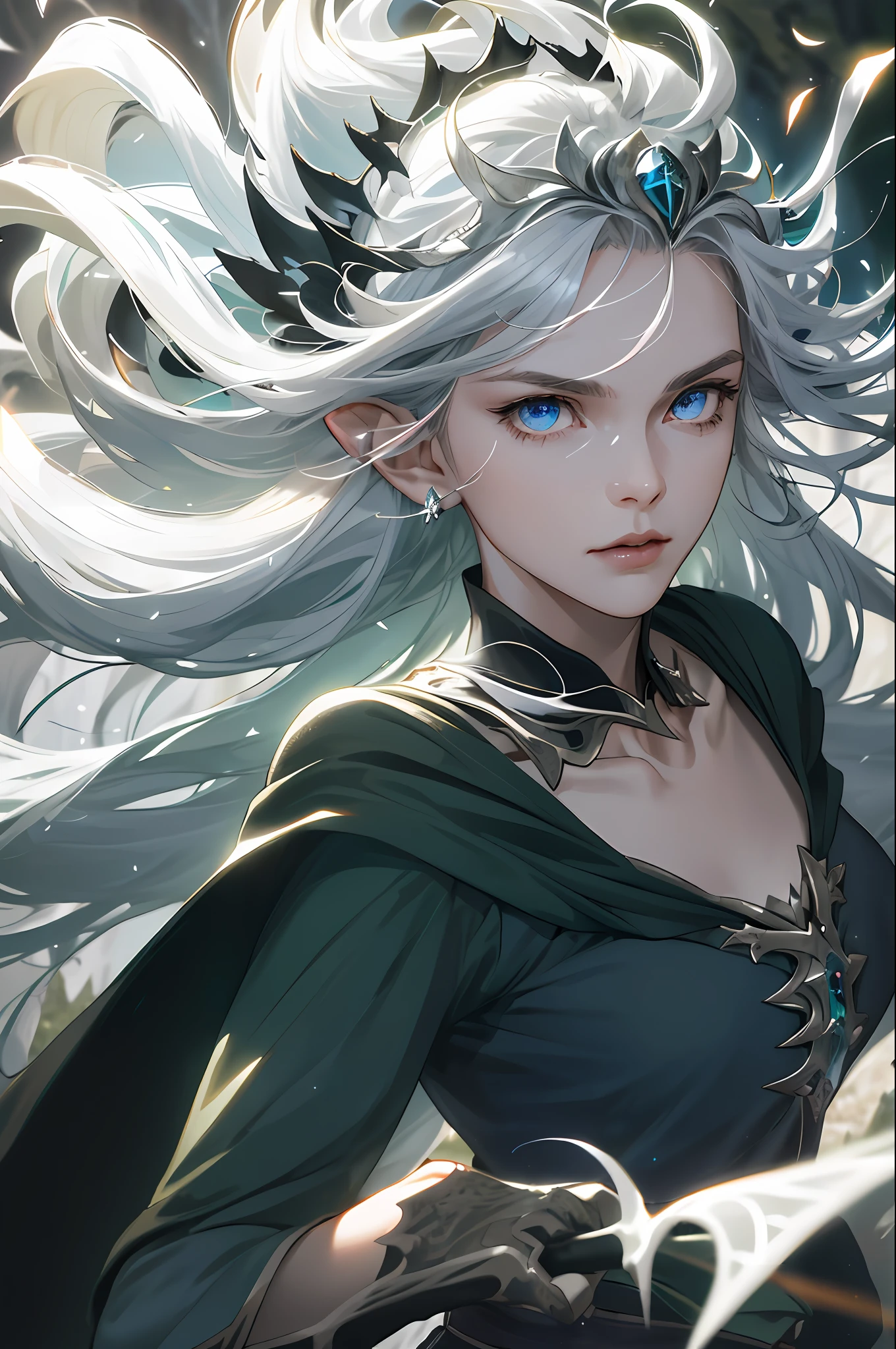 (absurd, high resolution, super detail), elf, pretty face, 1 woman, 16 years old, straight long hair, beautiful golden hair, (((hair fluttering in the wind)), blue eyes, bangs, detailed eyes and detailed face, highly detailed CG unified 8k wallpaper, intricate details, (Style - Swirl Magic: 1.0), watch viewer, solo, detailed background, upper body, detailed face, (Gothic Dark Age theme: 1.5), Green light clothes, very short green skirt, white boots, collarbone, dynamic pose, Forest-themed clothes, glowing magic shards, deep forest, magic airborne particles, magnificent ethereal atmosphere, updraft, dark night, portrait, blurry background, serious expression, flying sparks, silver armor, large flame, tense air, (((dark shade)), faint moonlight, silver helmet, Wind magic, shout