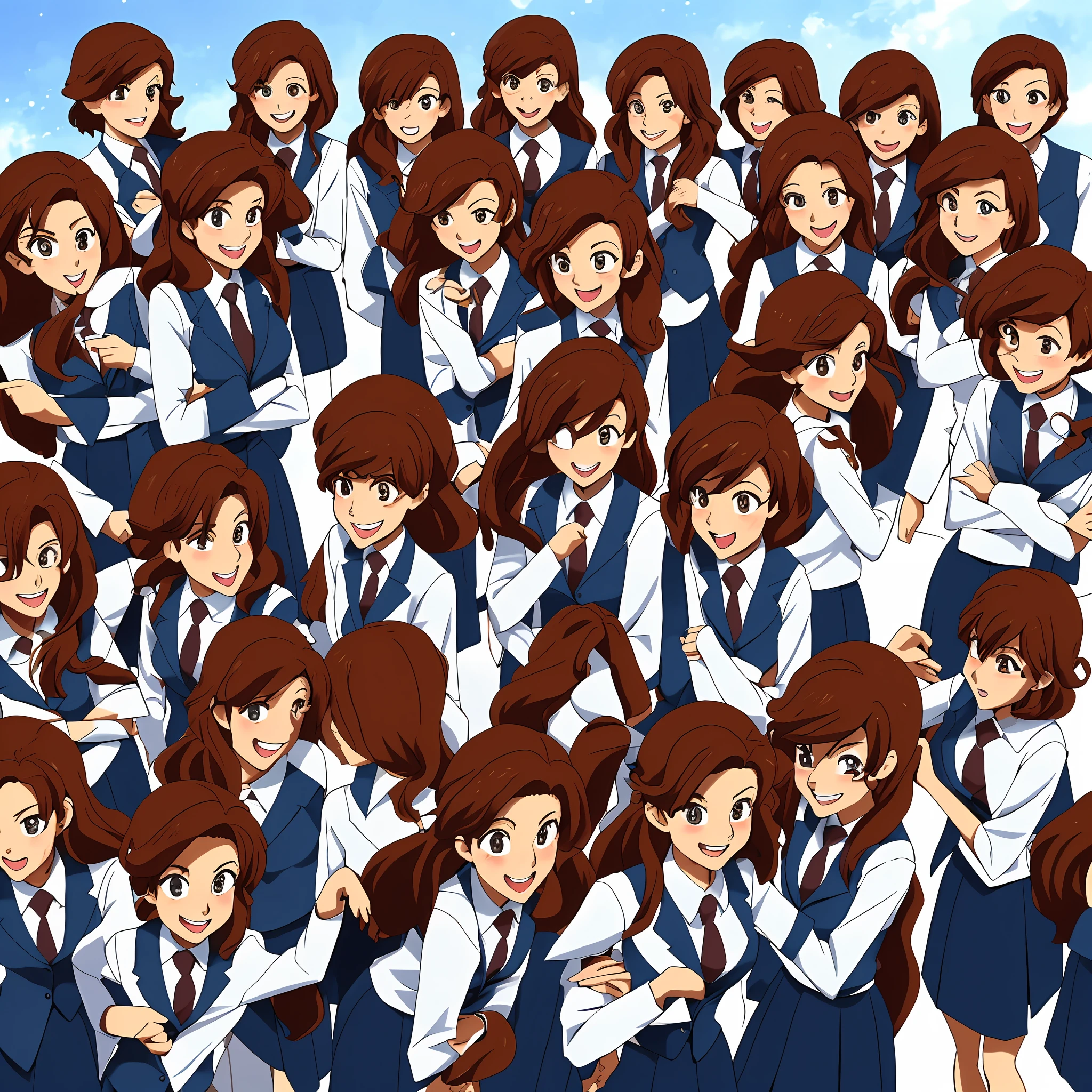 perfect anime illustration, multiple girls, clones, identical sisters, brown hair, curly hair, long hair, matching hairstyle, hazel eyes, smiling, business attire, blue skirt suit, black high heels, matching outfits, businesswomen, highres, full body, bare legs