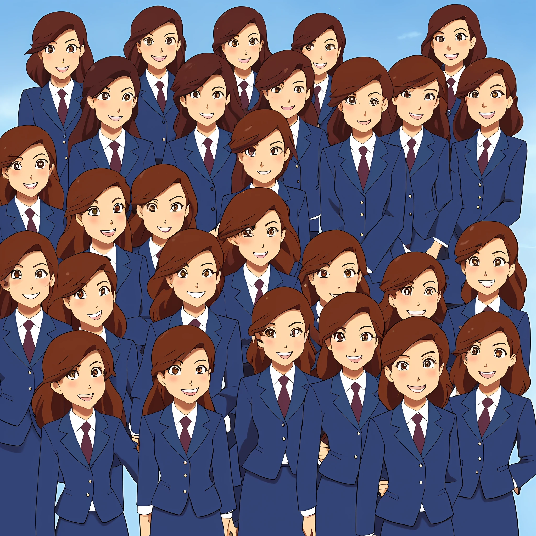 perfect anime illustration, multiple girls, clones, identical sisters, brown hair, curly hair, long hair, matching hairstyle, hazel eyes, smiling, business attire, blue skirt suit, black high heels, matching outfits, businesswomen, highres, full body, bare legs