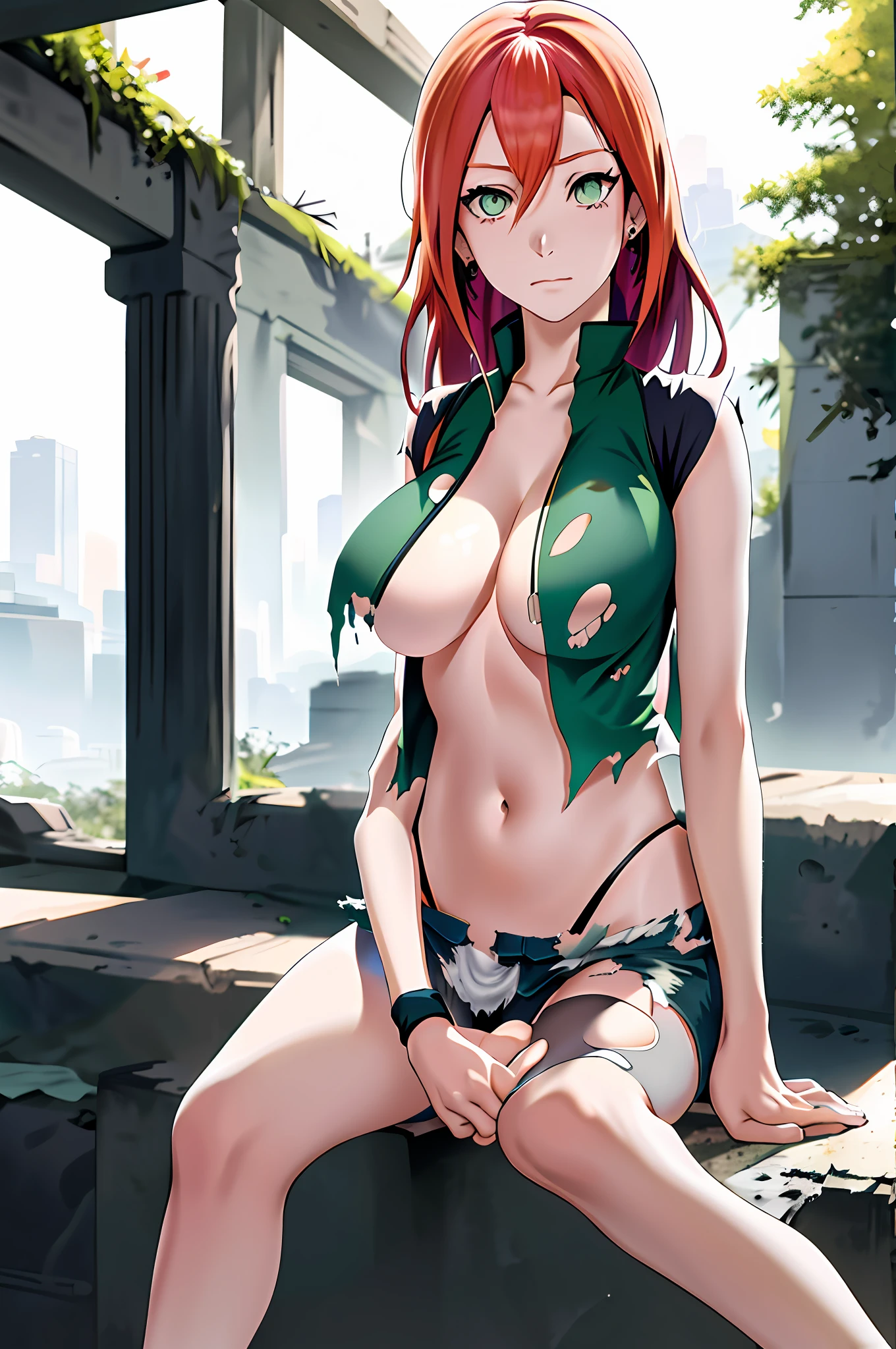 best quality, highres, kushina, 1girl, kushina uzumaki, solo, red hair, green eyes, mini skirt, black gloves, green shirt, medium hair, short sleeves, earrings, open vest, black vest, large breasts, (ruins:1.3), (torn clothes:1.5), sitting, expressionless, neckline, open legs