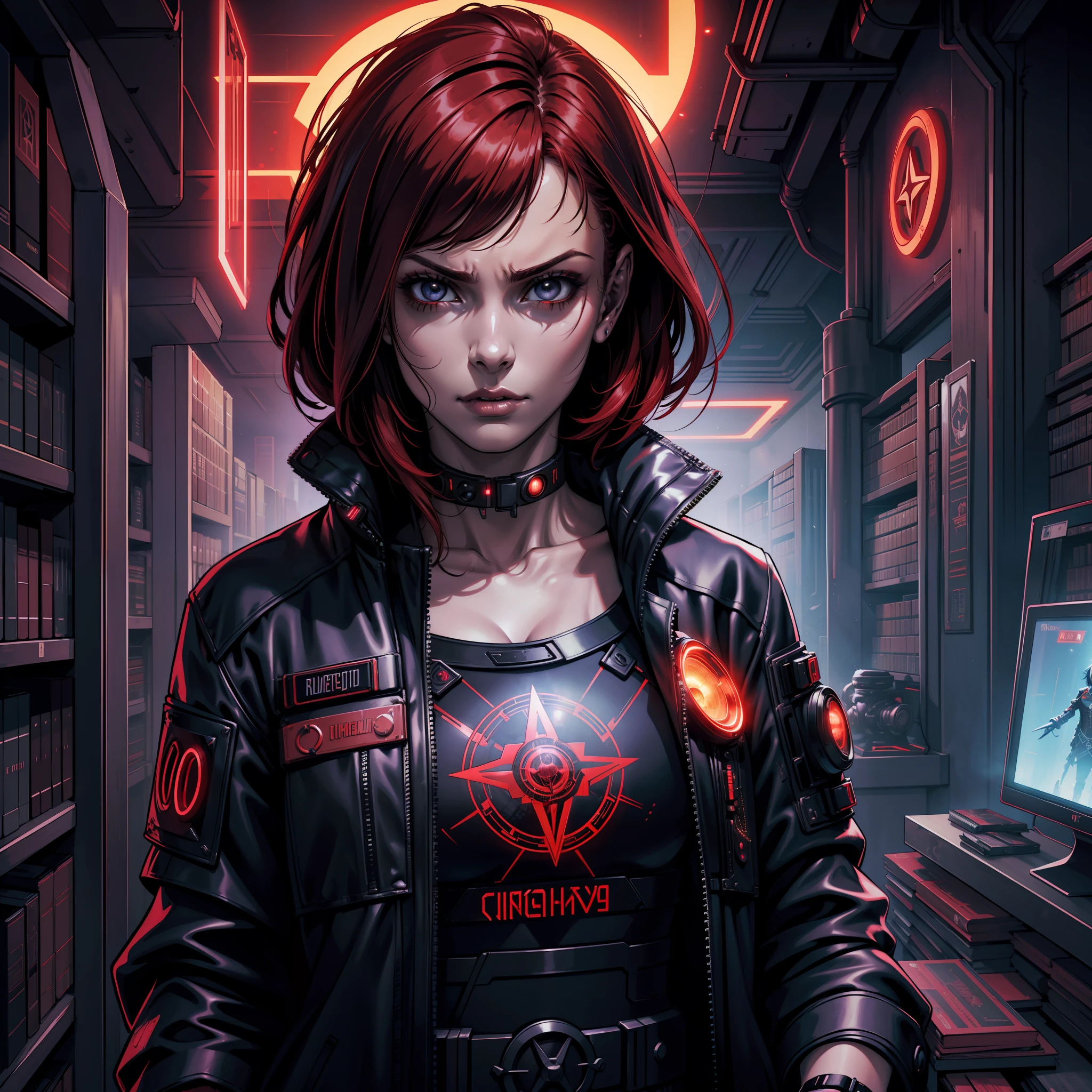 "(red cyberpunk magical jacket:1) (1woman) dark theme :: focus on closeup face, face of Italy Ricci, serious face, :: short red hair :: bangs :: ultra realistic futuristic magic scifi cyberpunk shadowrun woman, ((background virtual library room with many arcane symbols of magic in holograms, scifi high tech cyberpunk)) :: cool cyberpunk wizard red jacket :: natural lighting :: bokeh :: 8k :: best quality :: masterpiece :: insanely detailed:1.5"