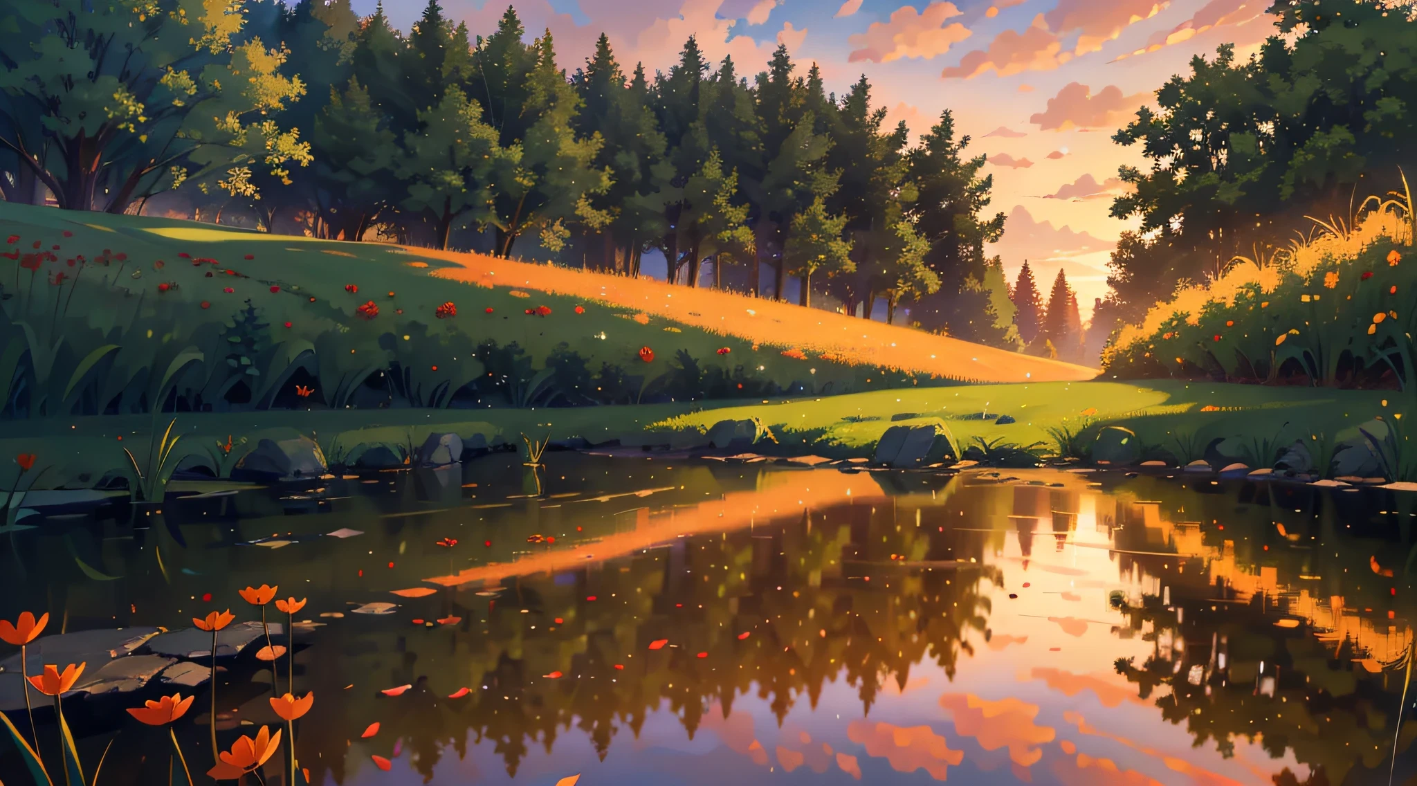 masterpiece, best quality, lycoris, field of flowers, depth of field, twilight, orange sky, sunset, brightness, lake, masterpieces, HD, high quality, best quality, highres, high quality, high details, masterpiece, anime style