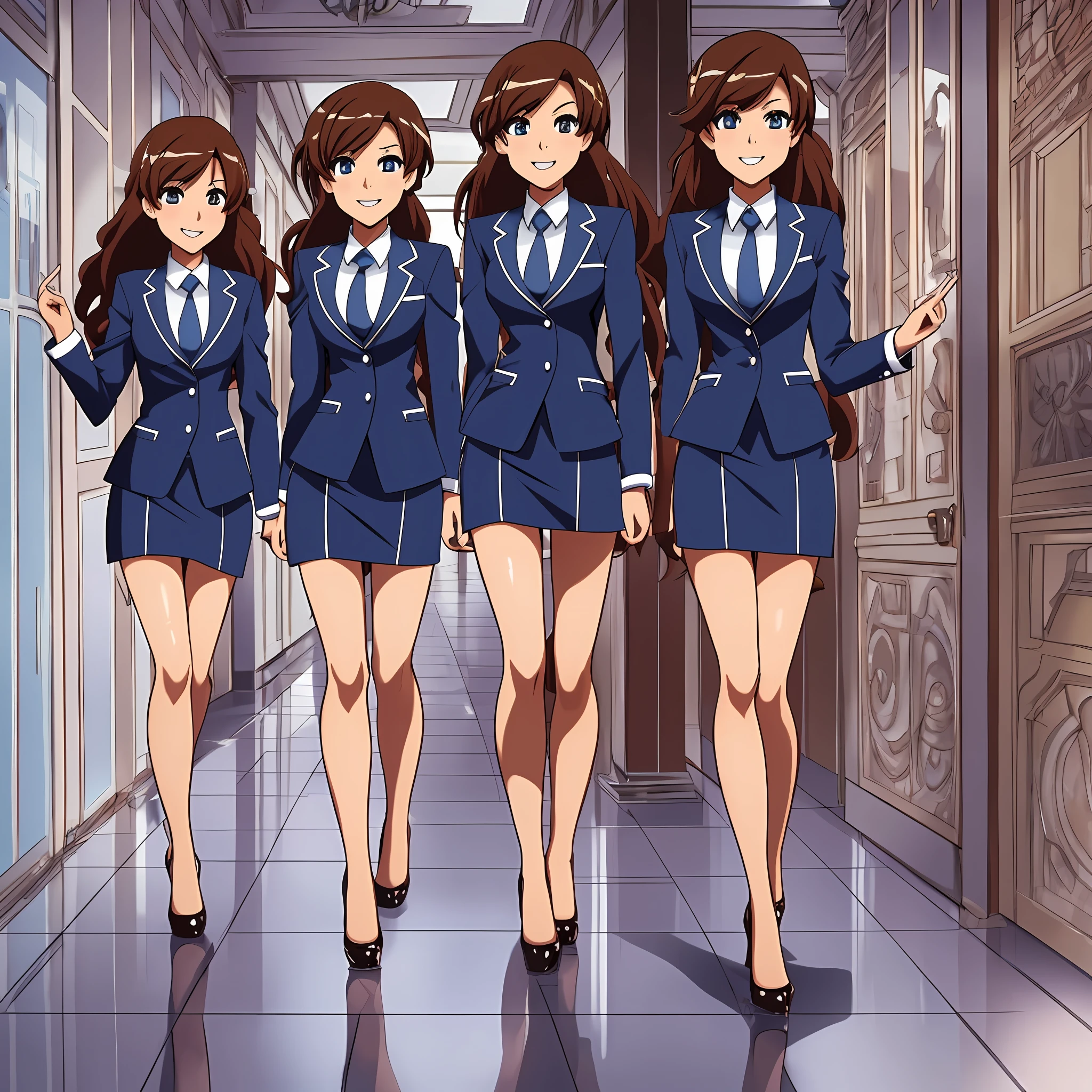 perfect anime illustration, multiple girls, clones, identical sisters, brown hair, curly hair, long hair, matching hairstyle, hazel eyes, smiling, business attire, blue skirt suit, black high heels, matching outfits, businesswomen, highres, full body, bare legs