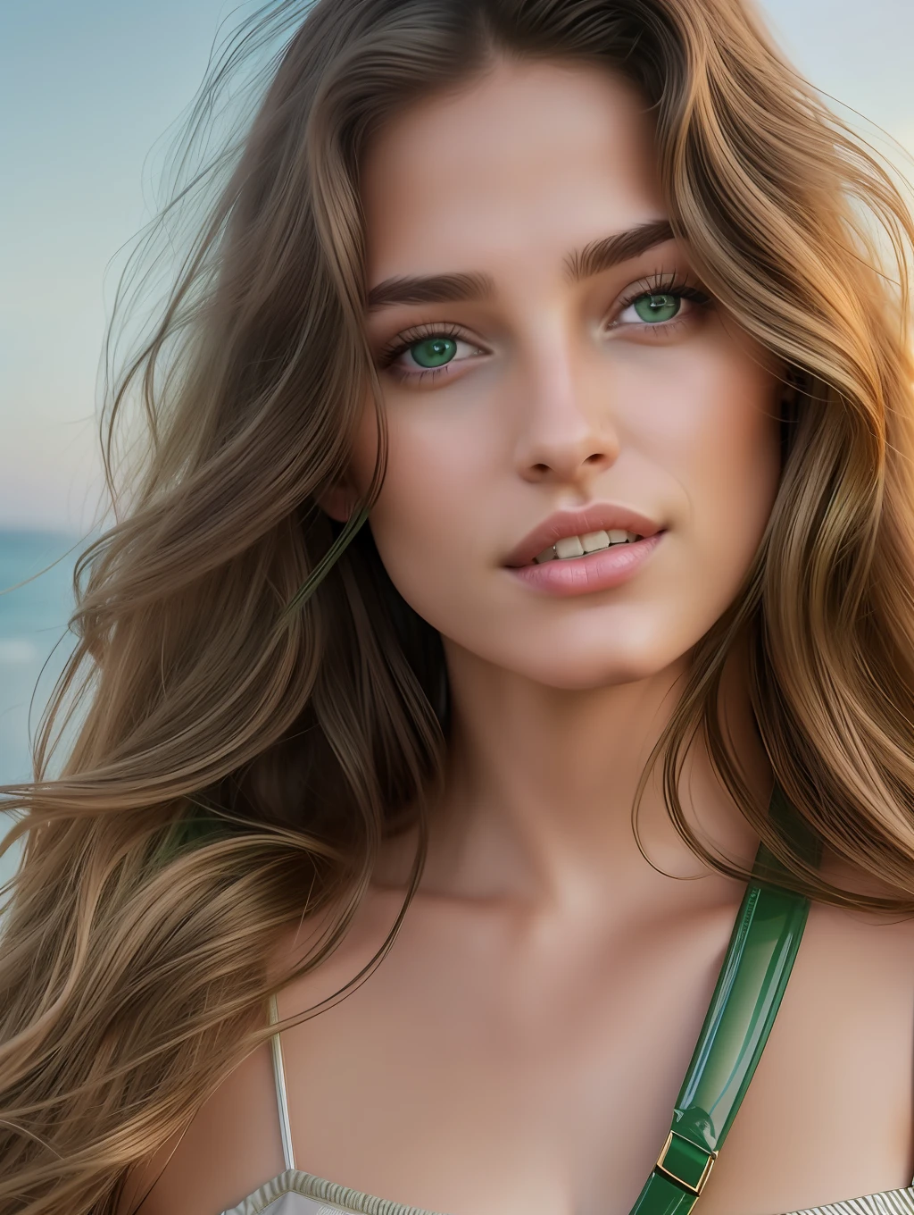 Cinematic soft lighting illuminates a stunningly detailed and ultra-realistic beautiful Greek supermodel, beach look, long messy windy light brown hair, clear green eyes, captivating perfect smile, sensual, hot woman, gorgeous, that is trending on ArtStation. Octane is the perfect tool to capture the softest details of this 16k photography masterpiece.