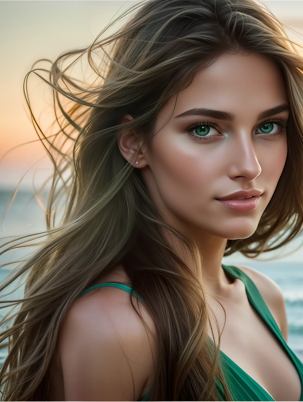 Cinematic soft lighting illuminates a stunningly detailed and ultra-realistic beautiful Greek supermodel, beach look, long messy windy light brown hair, clear green eyes, captivating perfect smile, sensual, hot woman, gorgeous, that is trending on ArtStation. Octane is the perfect tool to capture the softest details of this 16k photography masterpiece.