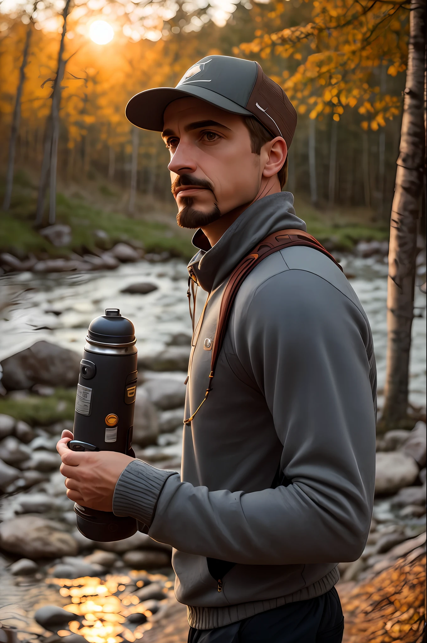 1iron man ((upper body selfie, happy)), masterpiece, best quality, ultra-detailed, solo, outdoor, (night), mountains, nature, (stars, moon) cheerful, happy, backpack, sleeping bag, camping stove, water bottle, mountain boots, gloves, sweater, hat, lantern, forest, stones, river, wood, smoke, shadows, contrast, clear sky, style, (warm hue, warm tone): 1.2), close-up, cinematic light, side lighting, ultra high resolution, best shadow, RAW, upper body, wearing pullover