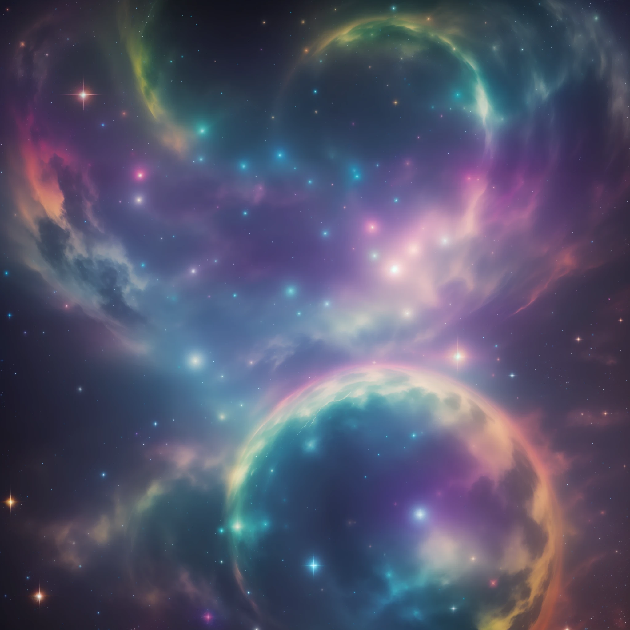 A minimalist art of the Moon shining brightly in the night sky, enveloped by a stellar mantle of vibrant and dazzling colors. Its silvery glow contrasts with the deep black of the cosmos, creating an aura of mystery and magic. The surrounding stars dance in bold shades of sky blue, radiant yellow, fiery red, and vibrant green, as if they were cosmic flames that illuminate infinity