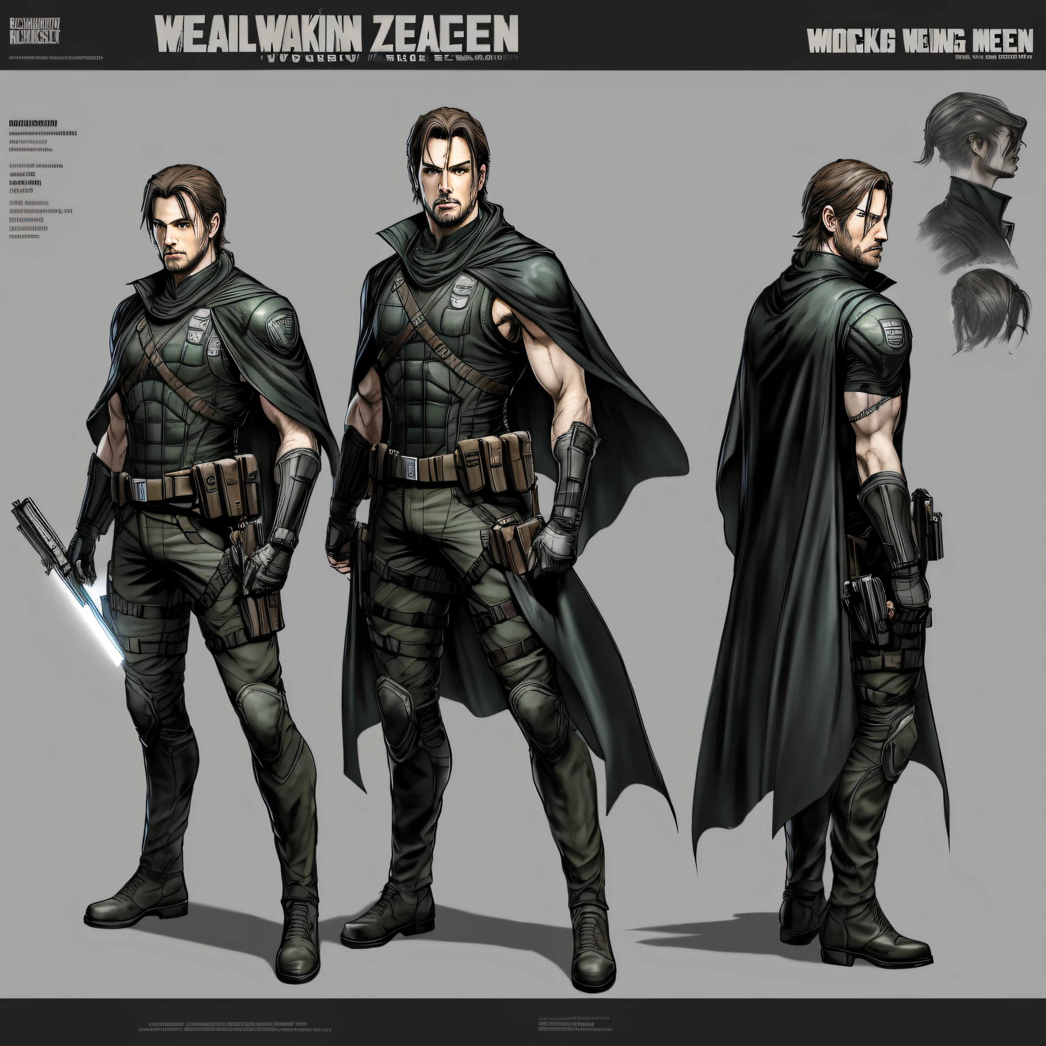 character ANIME man, FULL BODY, standing, FACE OF Alexander Kozachenko of resident evil, ((design sketches)), (masterpiece), extremely detailed, (original design),Alexander Kozachenko resident evil (random poses), (unique accessories, knee-length black cape), professionally retouched, white background, (male: 1.1) (government official deposit r: 0.8), (dirty: 1.1), (movement: 0.8), (young: 1.3), (sprint: 0.6) (concept the walking dead) ( Metal gear solid) ( concept  resident evil) --auto --s2