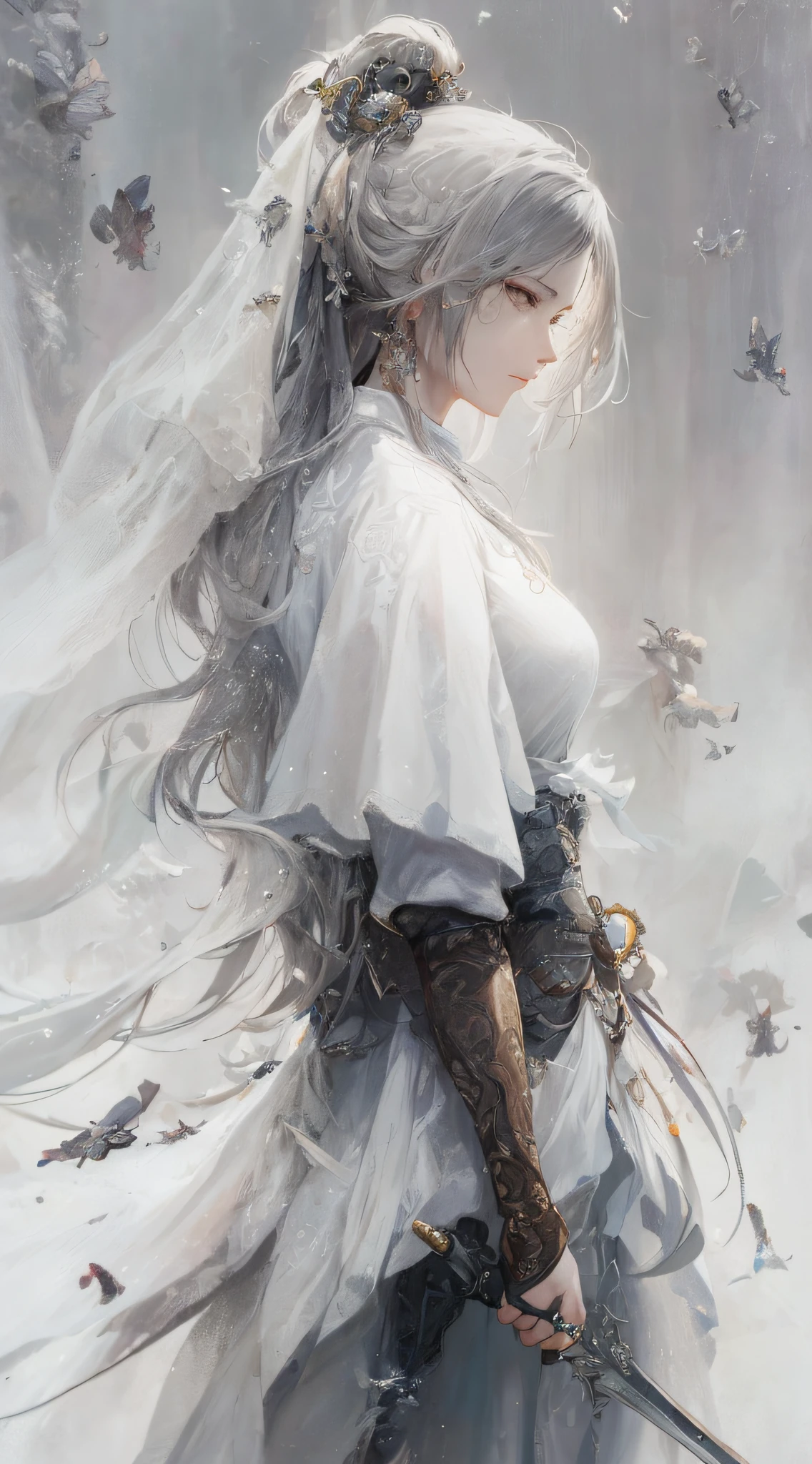 a close up of a woman with a sword in a white dress, a character portrait by Yang J, trending on cgsociety, fantasy art, beautiful character painting, artwork in the style of guweiz, guweiz, white hanfu, flowing white robes, full body wuxia, epic exquisite character art, stunning character art, beautiful female assassin
