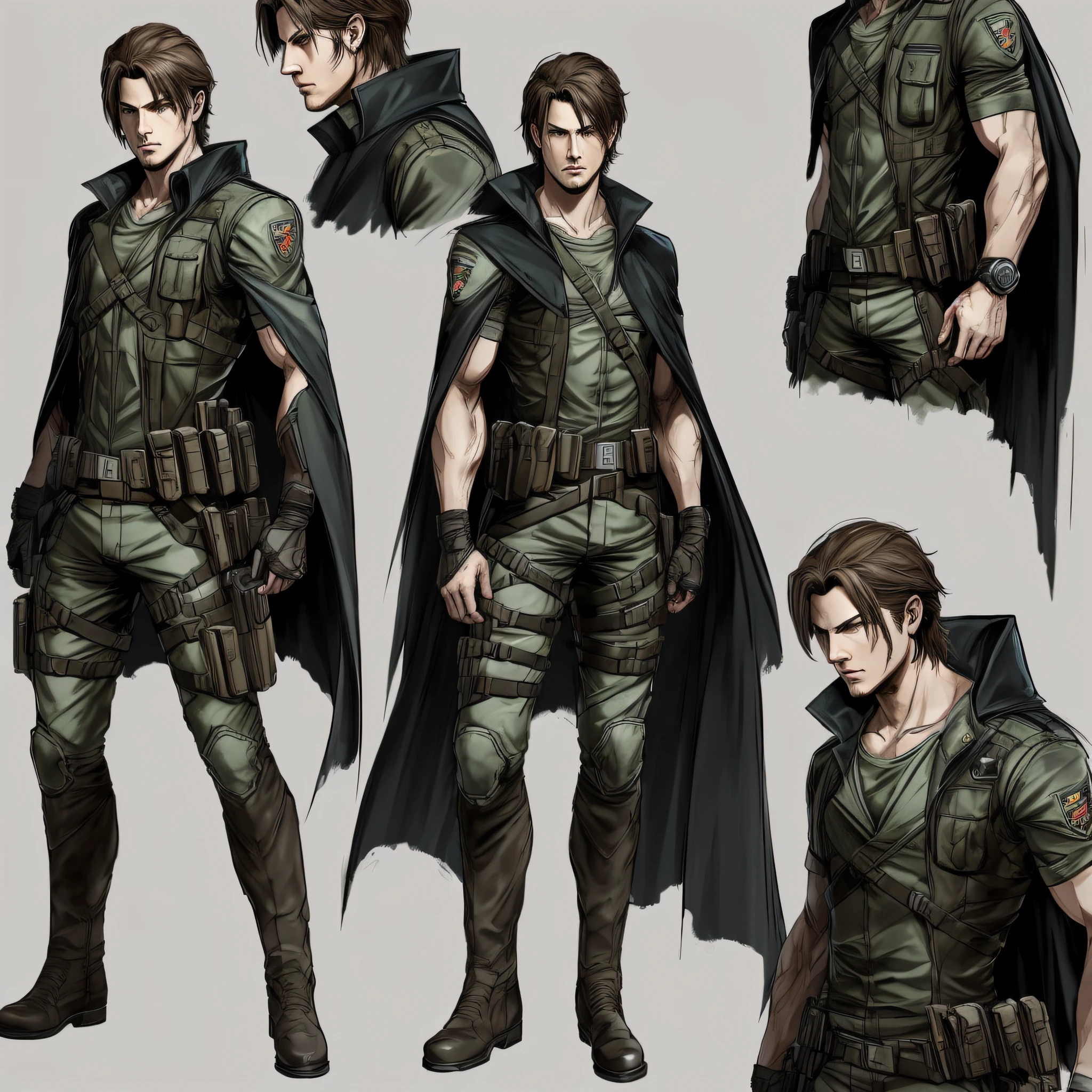 character ANIME man, FULL BODY, standing, FACE OF Alexander Kozachenko of resident evil, ((design sketches)), (masterpiece), extremely detailed, (original design),Alexander Kozachenko resident evil (random poses), (unique accessories, knee-length black cape), professionally retouched, white background, (male: 1.1) (government official deposit r: 0.8), (dirty: 1.1), (movement: 0.8), (young: 1.3), (sprint: 0.6) (concept the walking dead) ( Metal gear solid) ( concept resident evil) --auto --s2