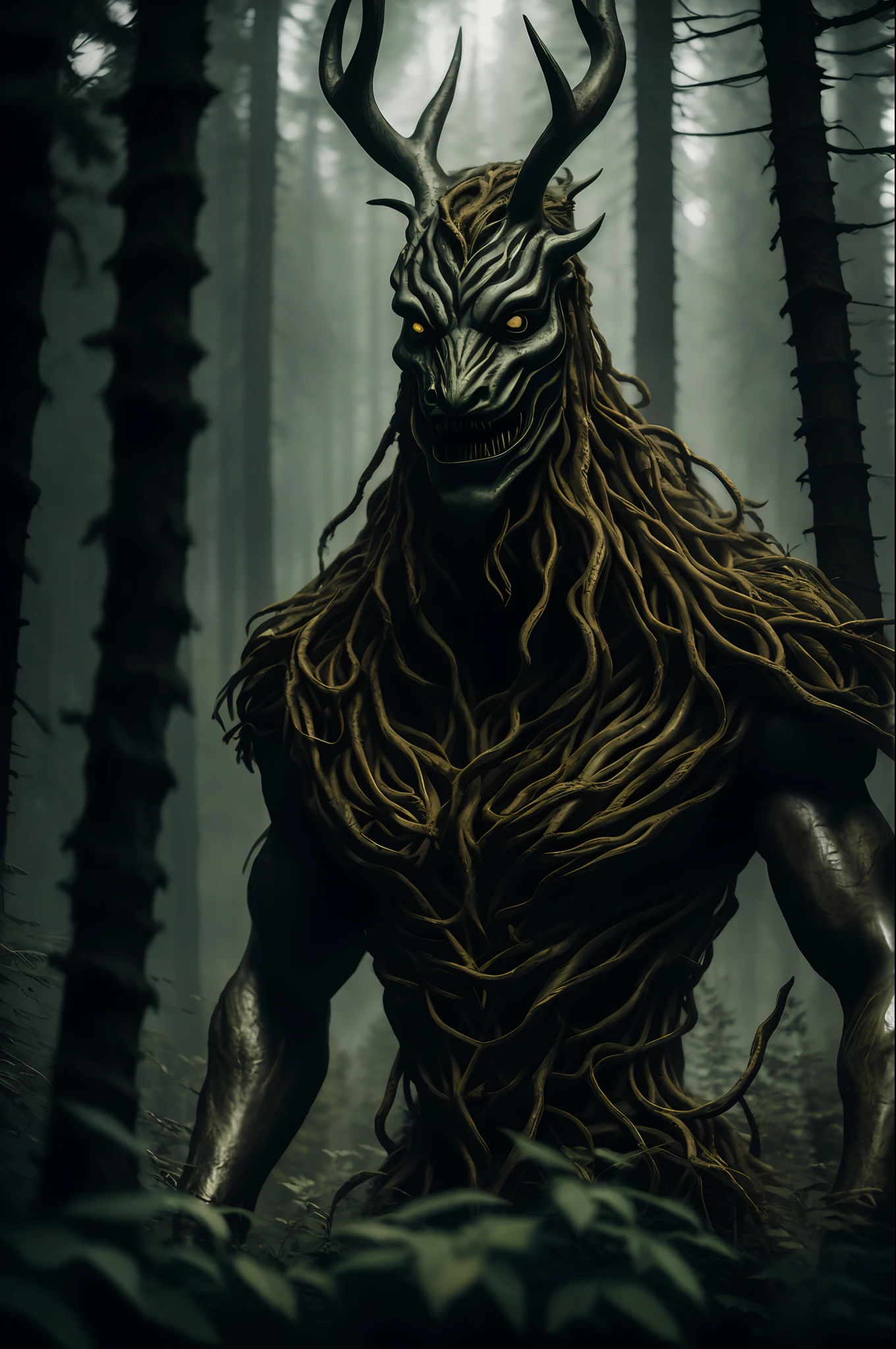 (ohwx) a forest demon, terrifying look, close-up, photography, natural light, photorealism, cinematic rendering, ray tracing, highest quality, highest detail, Cinematic, Third-Person View, Blur Effect, Long Exposure, 8K, Ultra-HD, Natural Lighting, Moody Lighting, Cinematic Lighting, High Key, Chains, Hold