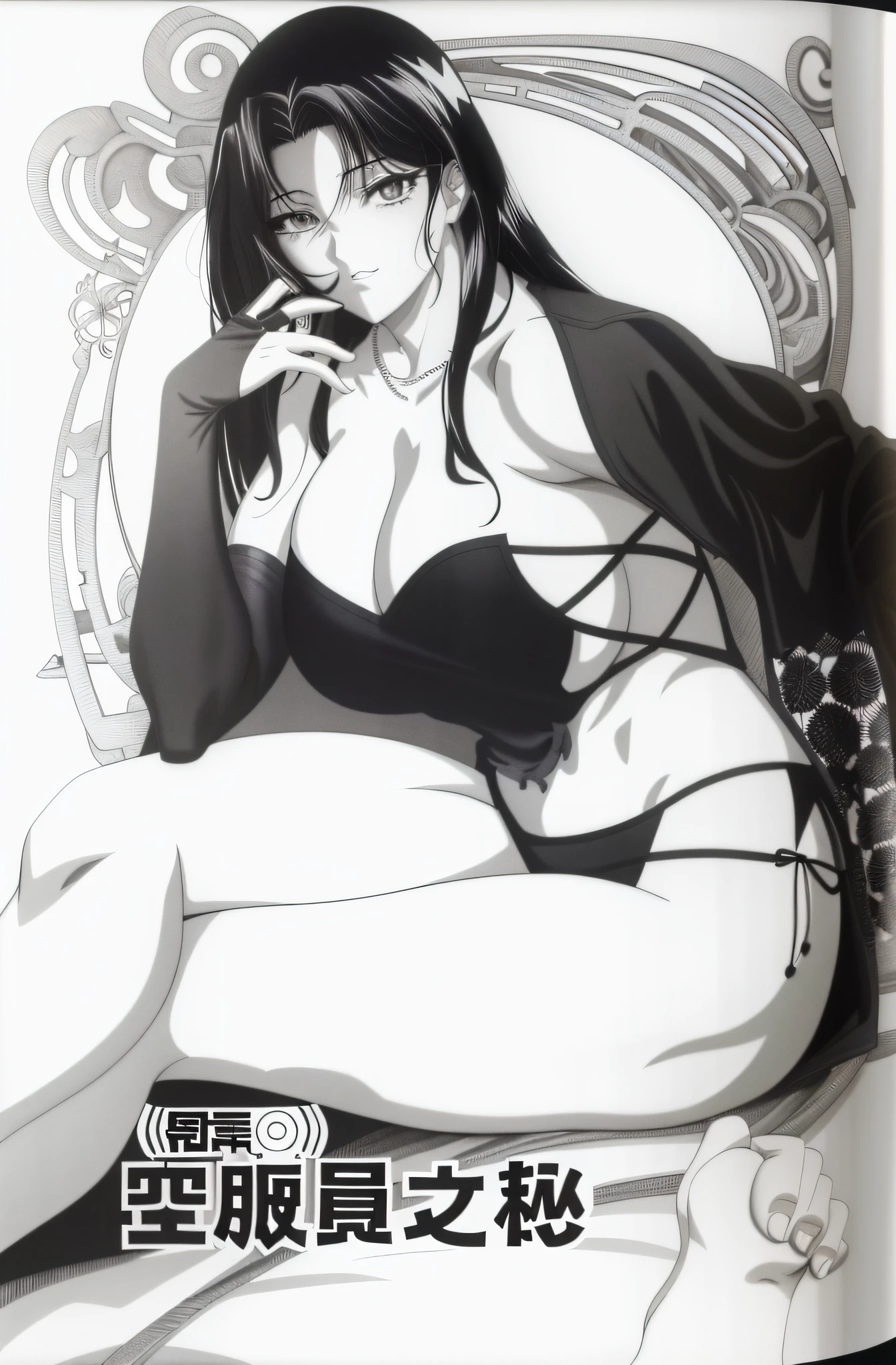 a close up of a person sitting on a bed with a book, thick black lineart, black and white manga style, rei hiroe black lagoon manga, anya from spy x family, black and white manga panel, black and white manga, style of masamune shirow, sardax, inspired by Masamune Shirow, seductive anime girl --auto --s2