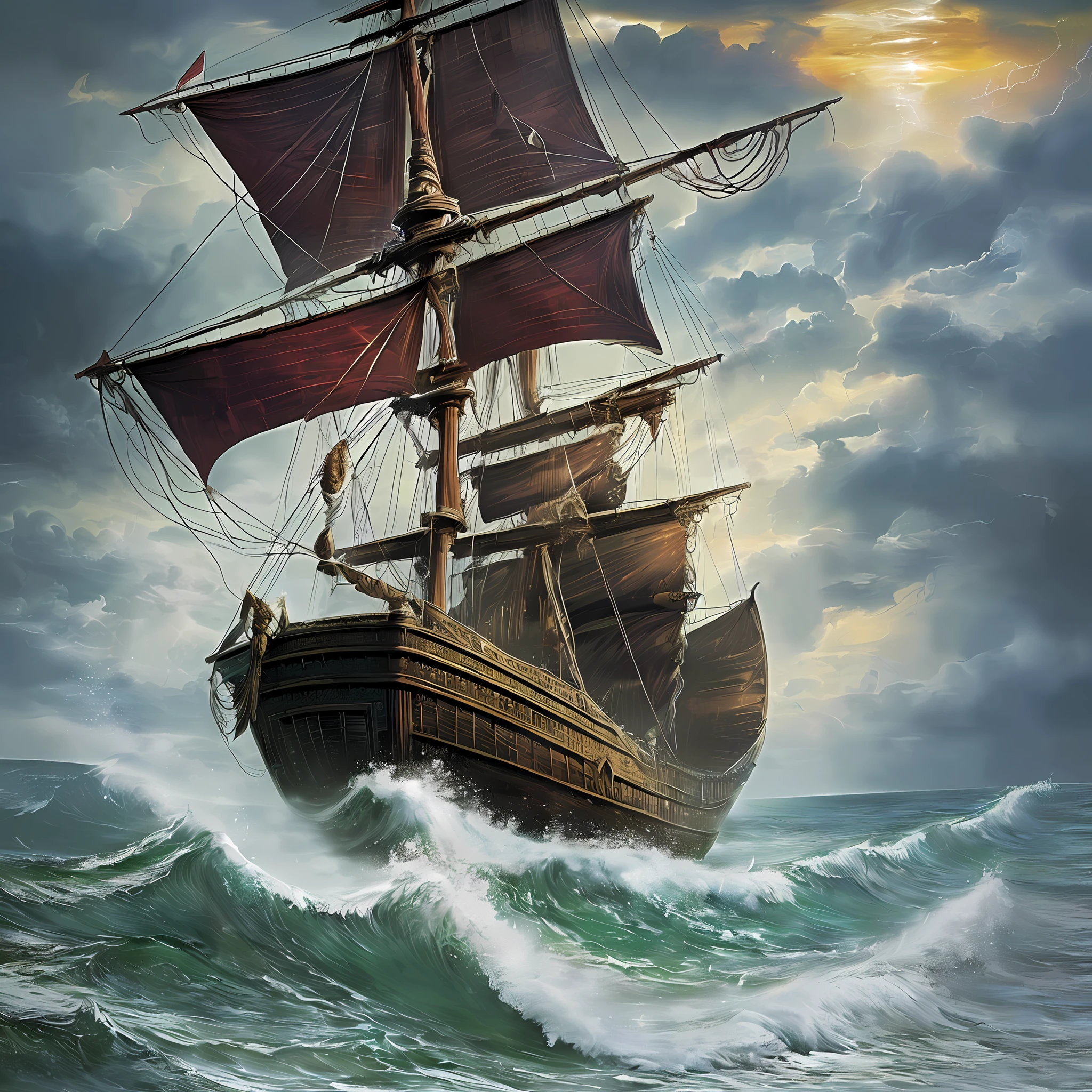 Cinematic image of a Viking (solo) caravel facing terrible waves, lightning and thunder, amazing illustration, art style by Alex ross,