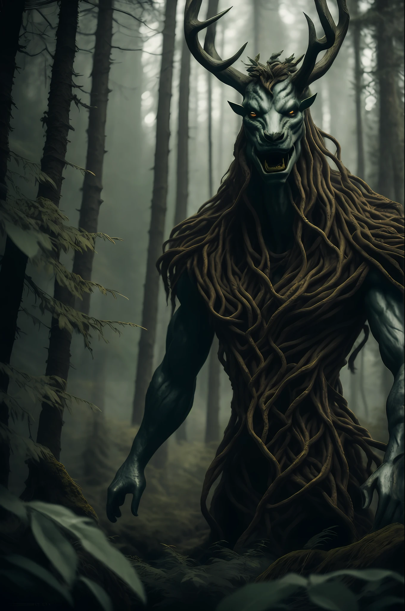 (ohwx) a forest demon, terrifying look, close-up, photography, natural light, photorealism, cinematic rendering, ray tracing, highest quality, highest detail, Cinematic, Third-Person View, Blur Effect, Long Exposure, 8K, Ultra-HD, Natural Lighting, Moody Lighting, Cinematic Lighting, High Key, Chains