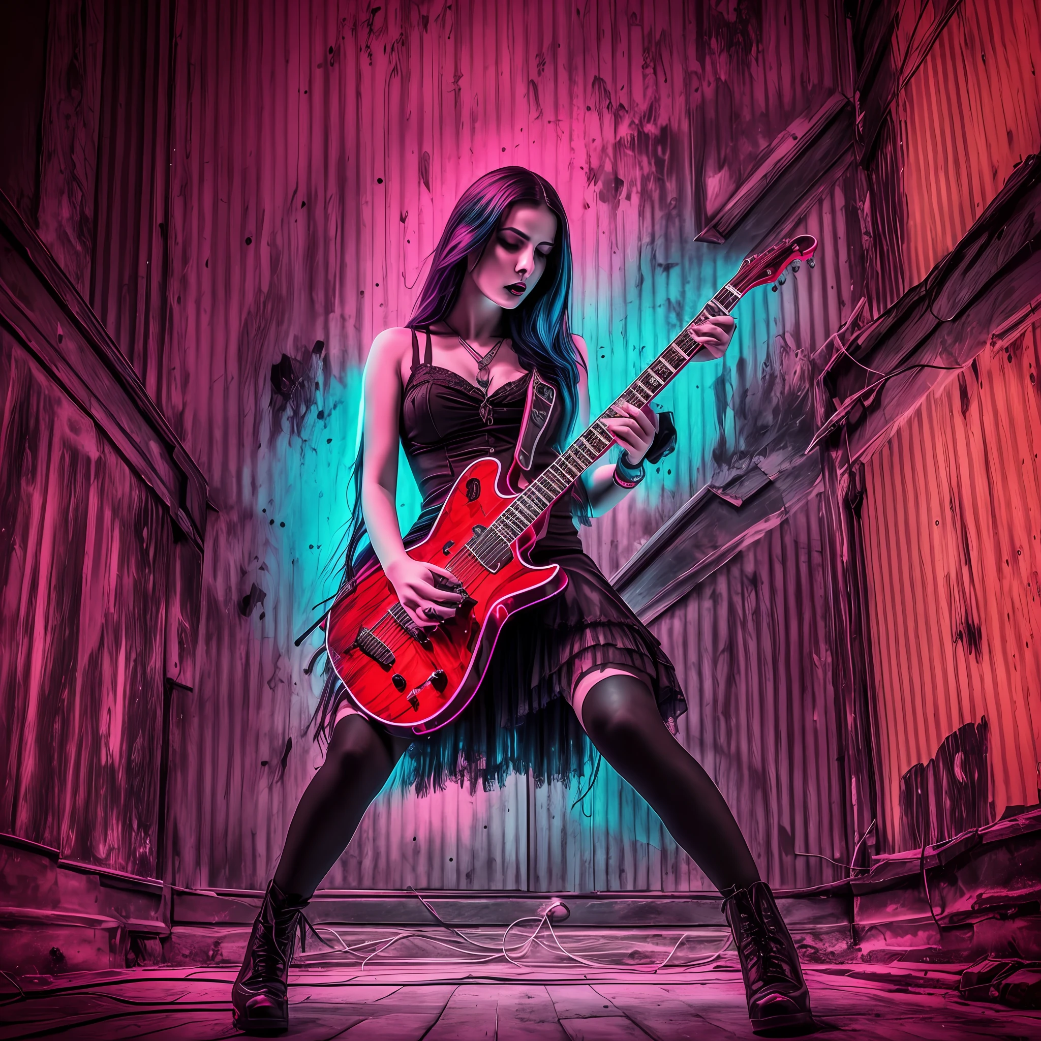 (best quality), (top quality), (dark), (full body), (melancholy), (sadness), (agony), (terror), (horror), (vibrant colors, neon), (realistic photo) Gothic woman playing guitar --auto --s2
