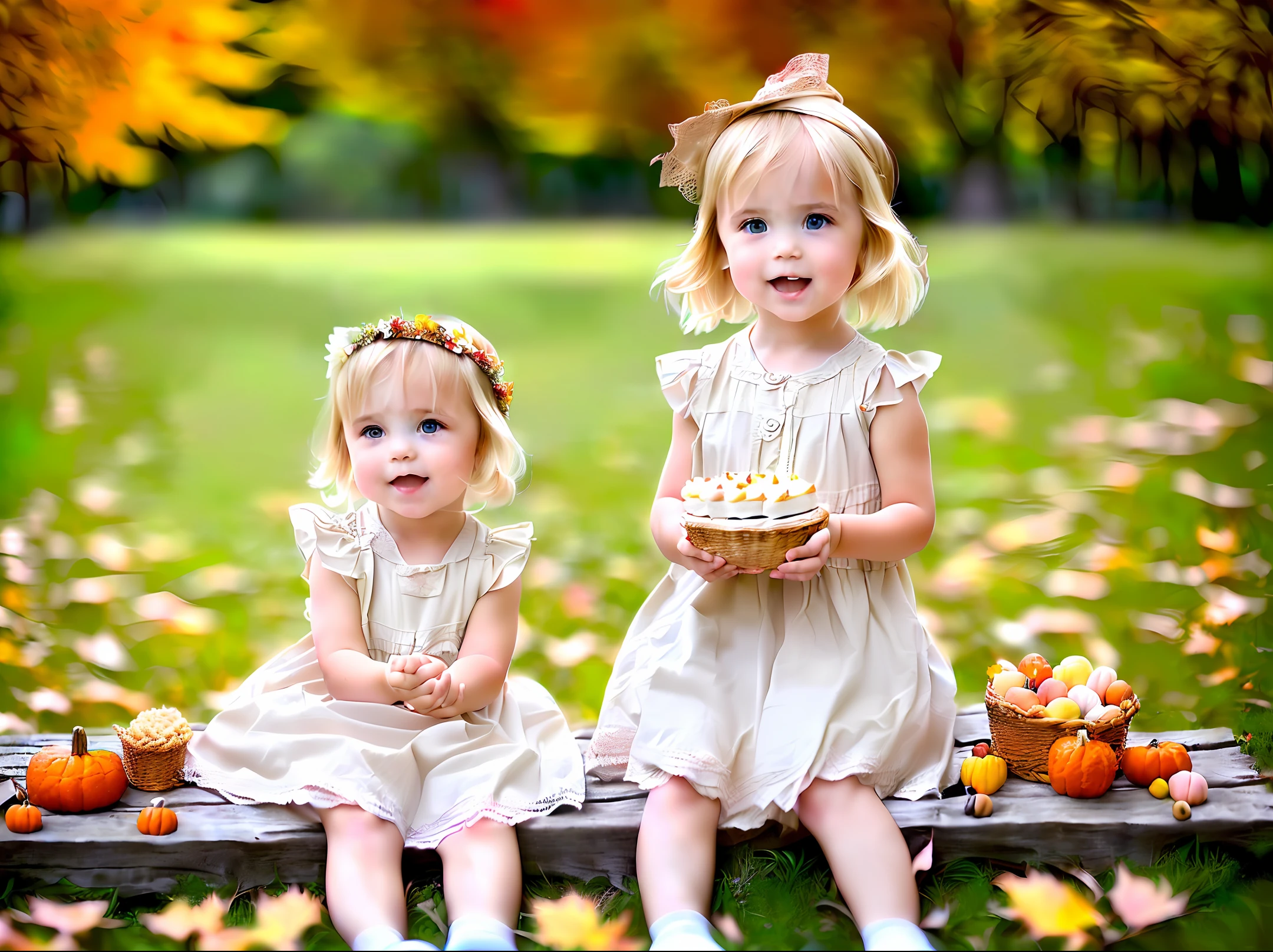 a 3-year-old blonde girl, wearing dress, outdoor park, PIC NIC, birthday party, autumn (soft tones: 1.25), (hdr: 1.25), (artstation: 1.2), cheerful, fun,(intricate details: 1.14), (hyperrealistic 3d rendering: 1.16), (filmic:0.55), (rutkowski:1.1), (faded:1.3)