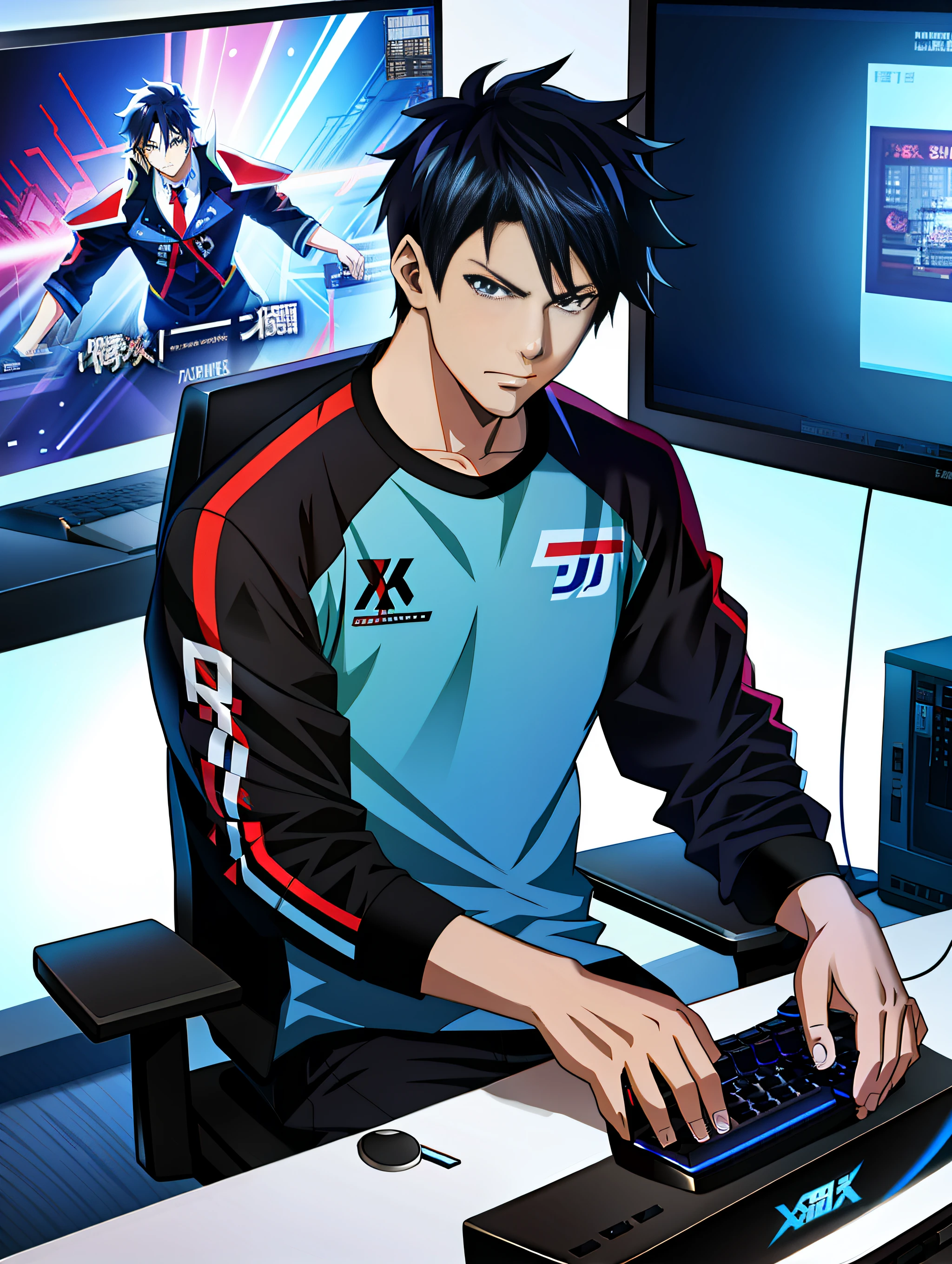 anime character sitting at a desk with a computer and a keyboard, trigger anime artstyle, ig studios anime style, digital anime illustration, digital anime art, badass anime 8 k, advanced digital anime art, high quality anime artstyle, official fanart, shigenori soejima illustration, anime style 4 k, detailed digital anime art, official art