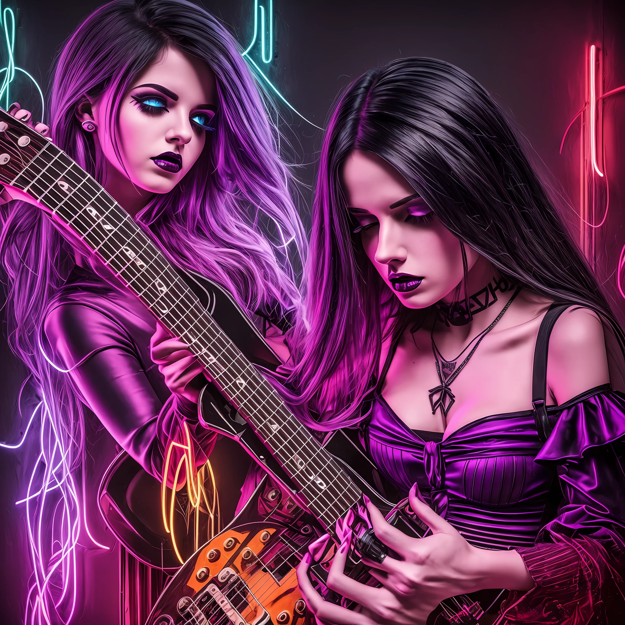 (best quality), (top quality), (dark), (full body), (melancholy), (sadness), (agony), (terror), (horror), (vibrant colors, neon), (realistic photo) Gothic woman playing guitar --auto --s2