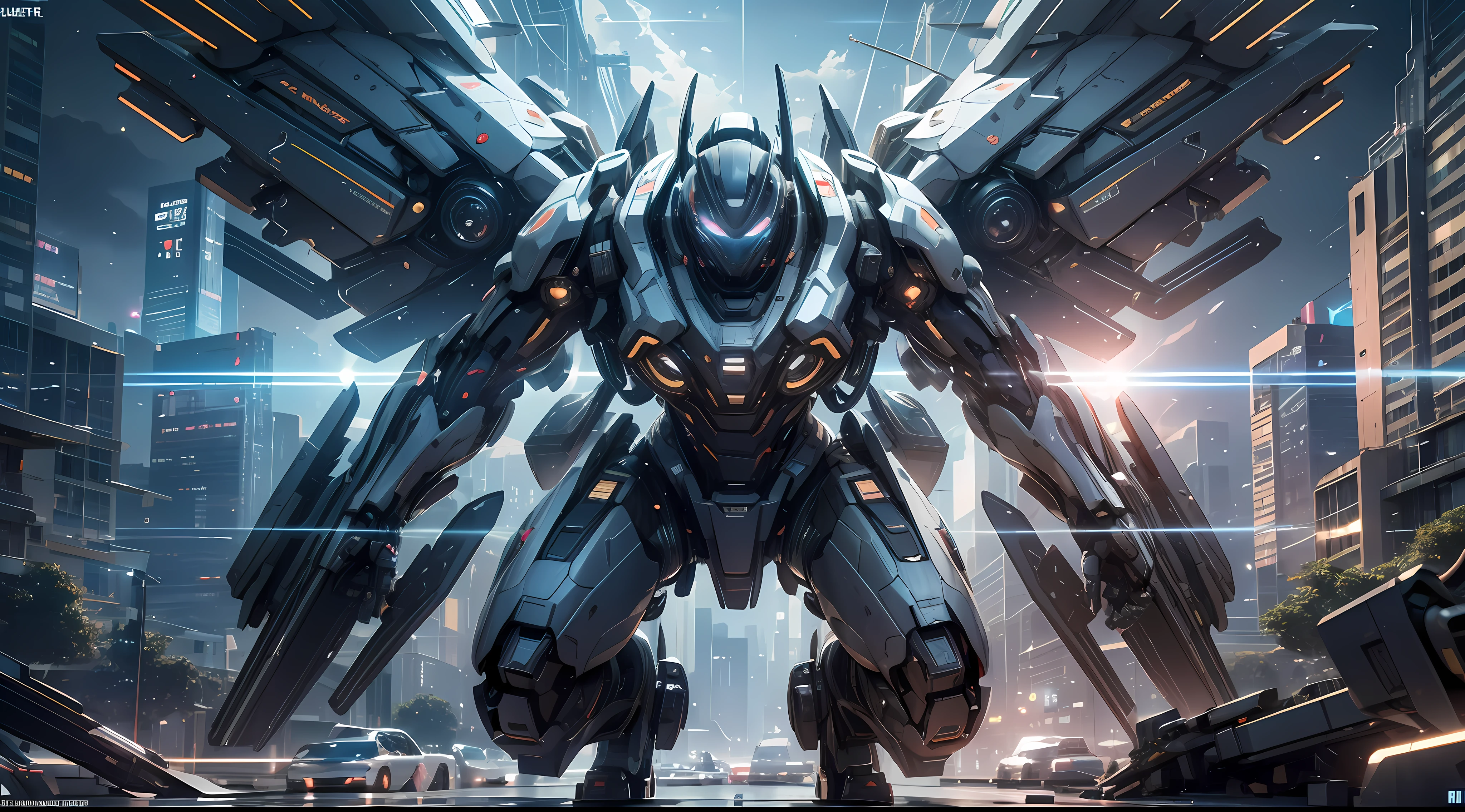 ((Best Quality)), (Masterpiece), (High Detail: 1.3), 3D, Pretty, (Cyberpunk: 1.2) City, Nebula, Holding Weapons, (1 Heavy Machinery: 1.3) Facing Viewer, Glowing Eyes, Sideways, (Flying, Dive Down, Dynamic, Motion Blur: 1.4) In (Giant Mech Wings: 1.6) Looking Up, Glowing Eyes, Mechanical Panorama, Earth, Nebula, Space, Particles, Reality, DVR (High Dynamic Range), Ray Tracing, NVIDIA RTX, Super Resolution, Unreal 5. Subsurface scattering, PBR textures, post-processing, anisotropic filtering, depth of field, maximum sharpness and sharpness, multi-layer textures, Alberdo and specular mapping, surface shading, accurate simulation of light-material interactions, perfect proportions, octane rendering, duotone lighting, large aperture, low ISO, white balance, rule of thirds, 8K raw, high efficiency sub-pixels, subpixel convolution,