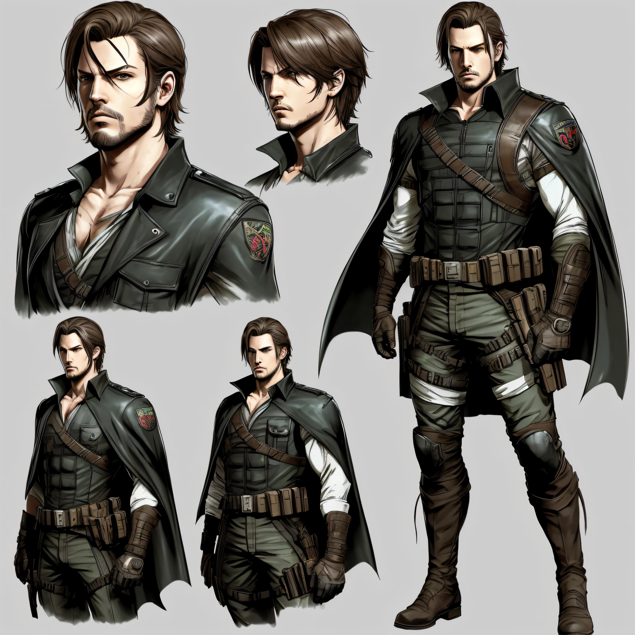 character ANIME man, FULL BODY, standing, FACE OF Alexander Kozachenko of resident evil, cABELO SHORT, ((design sketches)), (masterpiece), extremely detailed, (original design ),Alexander Kozachenko resident evil (random poses), (unique accessories, knee-length black cape), professionally retouched, white background, (male: 1.1) (government official deposit r: 0.8), (dirty: 1.1), (movement: 0.8), (young: 1.3), (sprint: 0.6) (The Walking Dead concept) ( Metal gear solid) (resident evil concept) --auto --s2