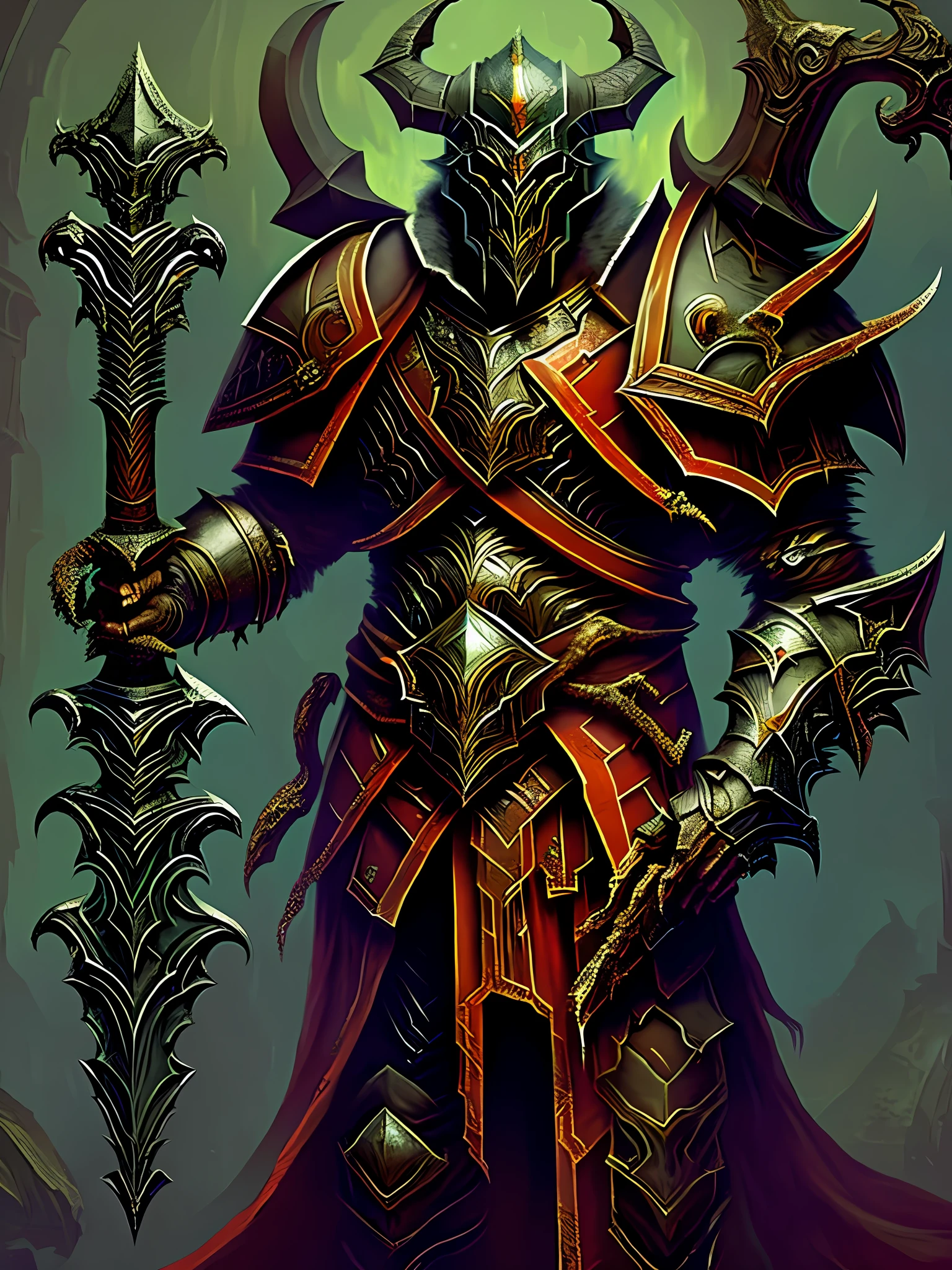 A painting of a demonic-looking man holding a giant rustic sword, Evil Knight, Heavy Crimson Armor, Scary Knight, Fantasy Boss, Blood Knight, Wearing Crimson Armor, Knight Errant, Dark Fantasy Concept Art, Crimson Dark Lord Style, Dark Fantasy Character Design, The Crimson Dark Dark Lord, Perfect ???????, Perfect Description,  extremely detailed hands, extremely detailed,