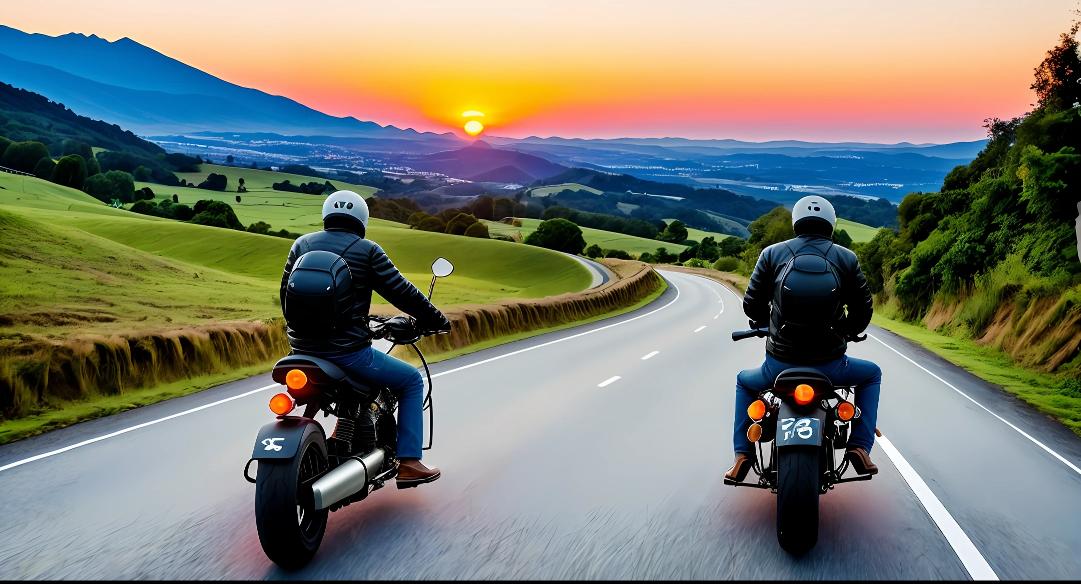 Man on motorcycle, sunset, hill, view from behind, epic sense