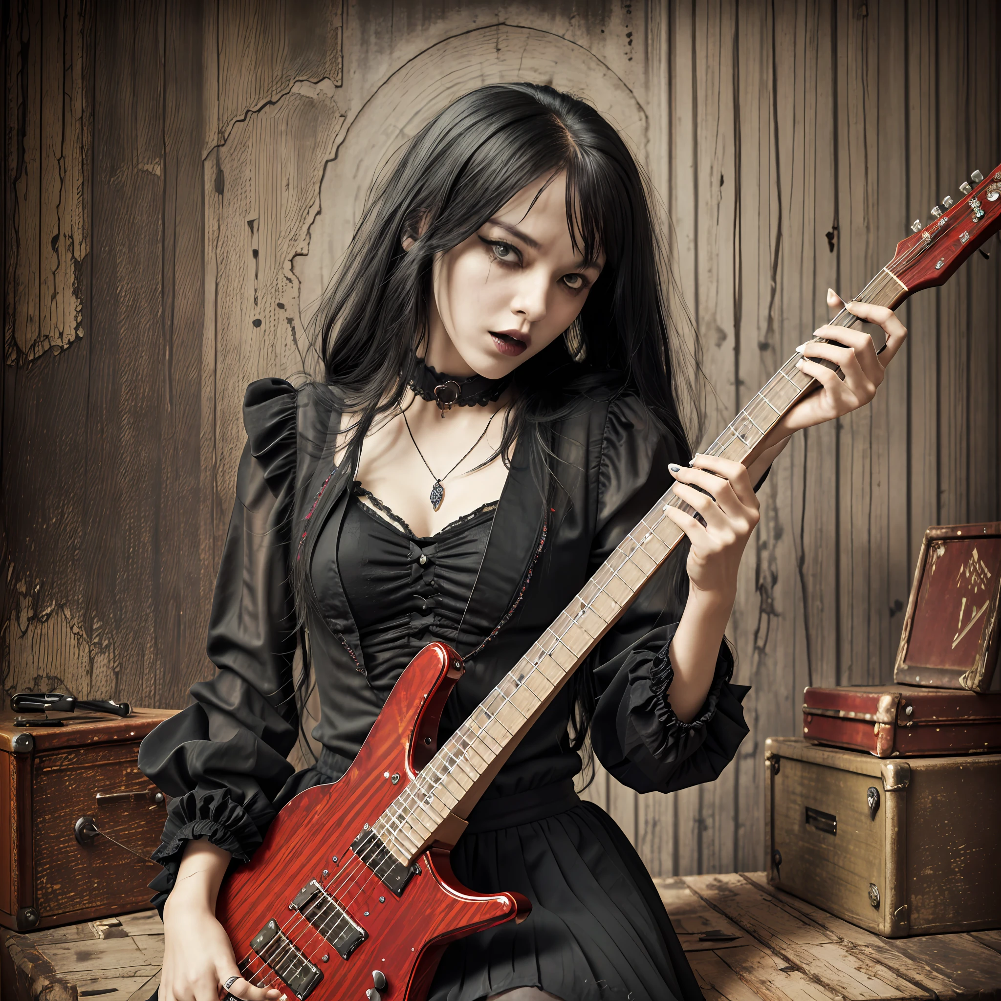 (best quality), (top quality), (dark), (full body), (melancholy), (sadness), (agony), (terror), (horror), (vibrant colors, bright), (realistic photo) Gothic woman playing guitar --auto --s2
