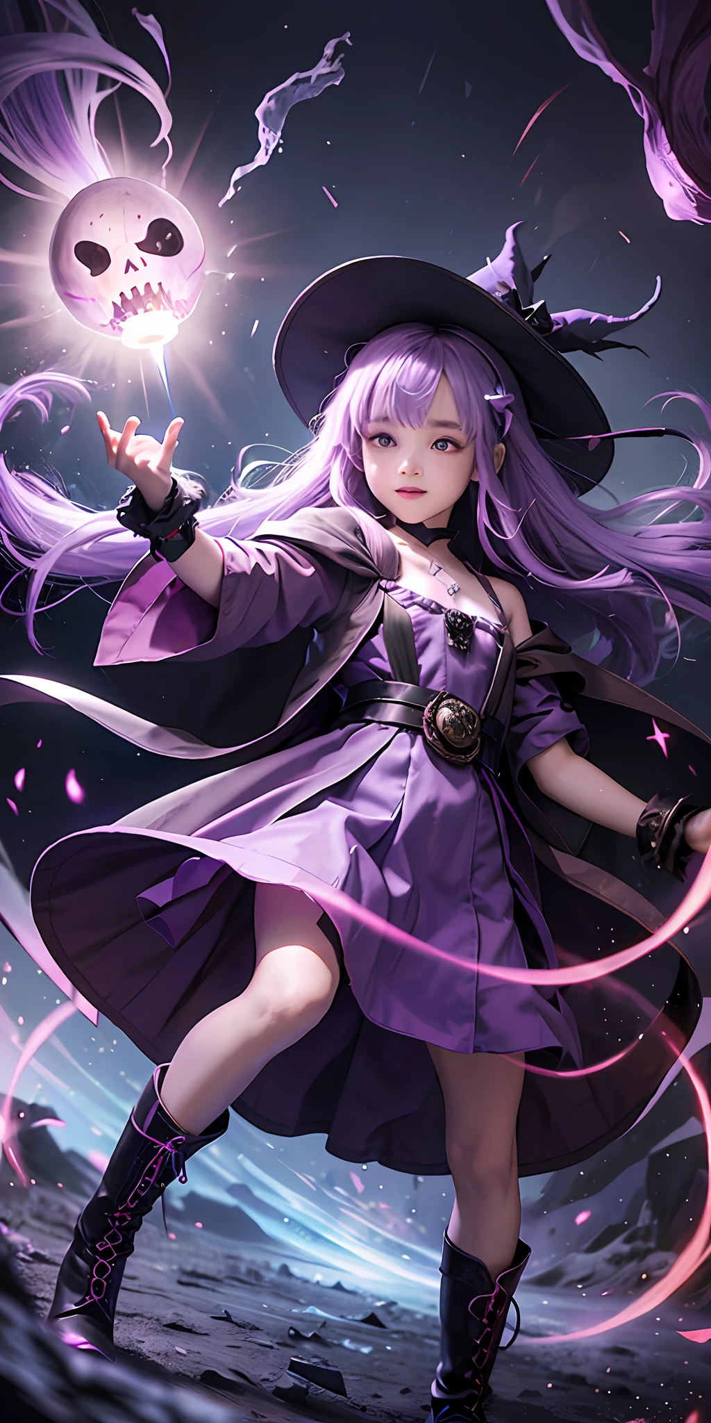 Little , long purple flowing hair, cute face, glowing eyes, eye shadow, evil smile, strange magic hat, boots, shirt leader, flat chest, large red bow, coat, long skirt, shoulder robe, skull, bat, lit candle, floating magic book, chanting incantations, (glowing ghost), (glowing magic array), background cave, suspended fluid, knee swing figure