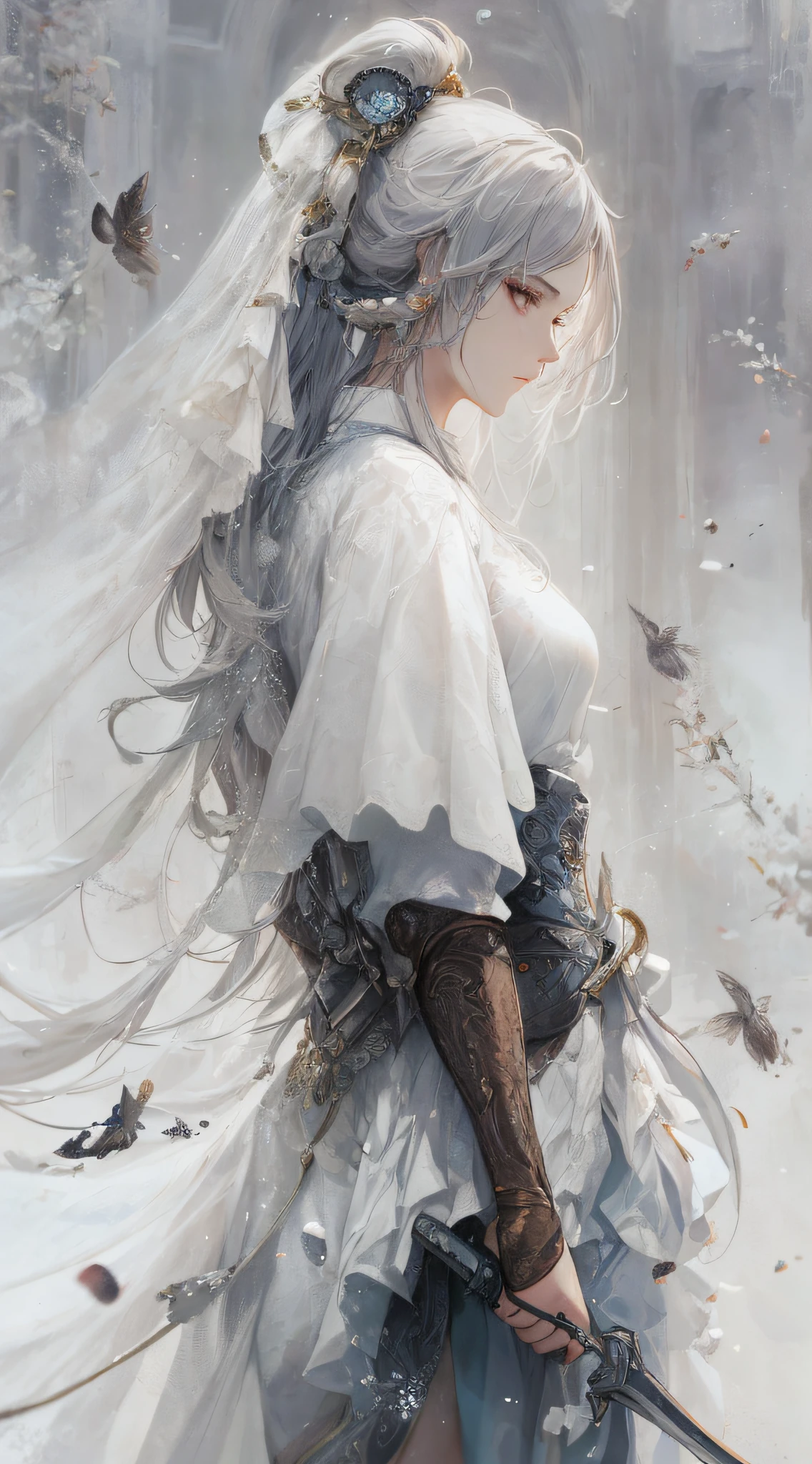 Close-up of a woman in a white dress holding a sword, portrait of Yang J, cgsociety's popularity, fantasy art, beautiful figure painting, Guwiz style artwork, Guwiz, white Hanfu, flowing white robe, full body martial arts, epic exquisite character art, stunning character art, beautiful female assassin, bridal veil