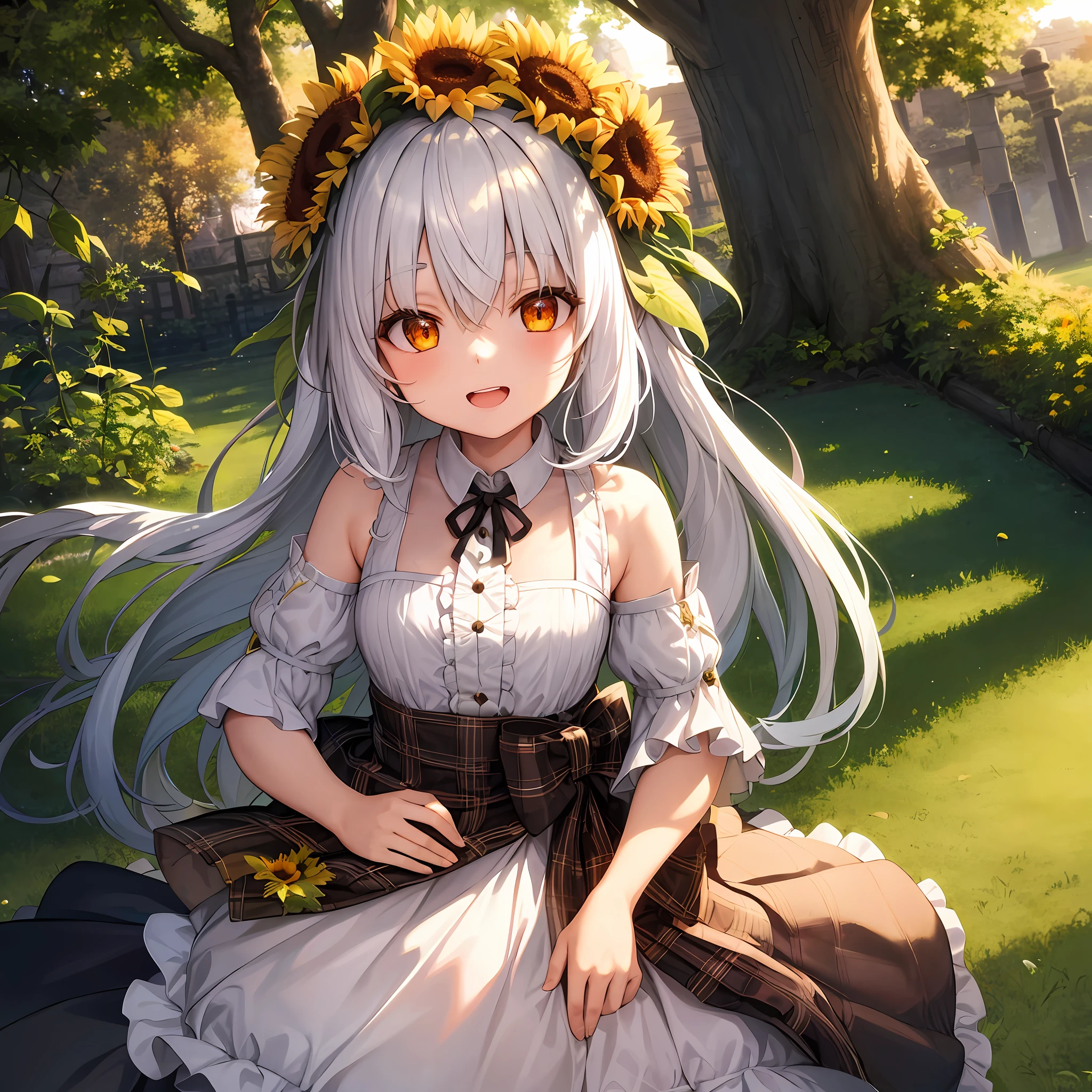 1girl, loli, white hair, tree horn with leafs on the forehead, leafs on the upper head, sunflowers around neck,vampire teeth, traditional scottish costume, sunset, fantasy forest
