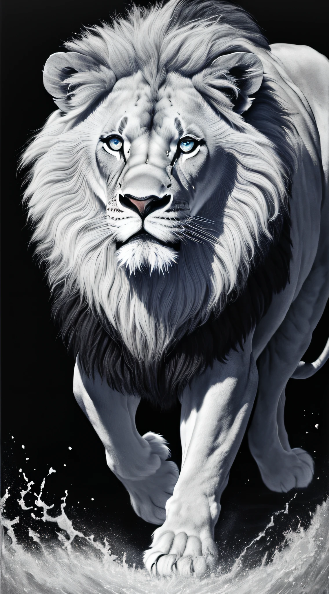 a detailed RAW photo of a black and white lion only full body blue eyes coming towards me with aspects of oil painting