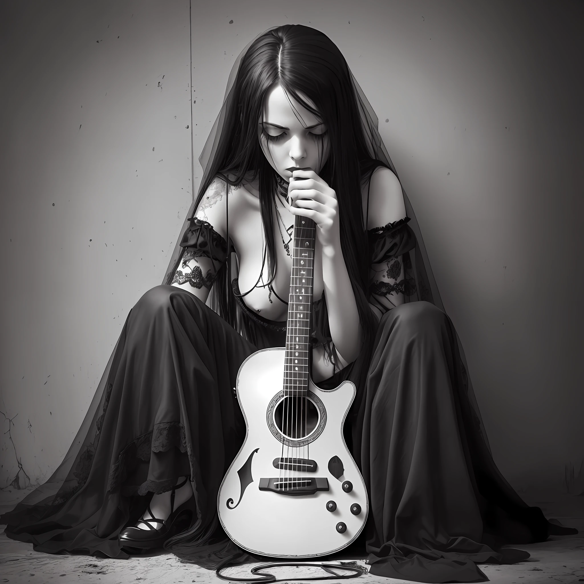 (best quality), (top quality), (dark), (full body), (melancholy), (sadness), (agony), (terror), (horror), (black and white), (realistic photo) gothic woman playing guitar --auto --s2