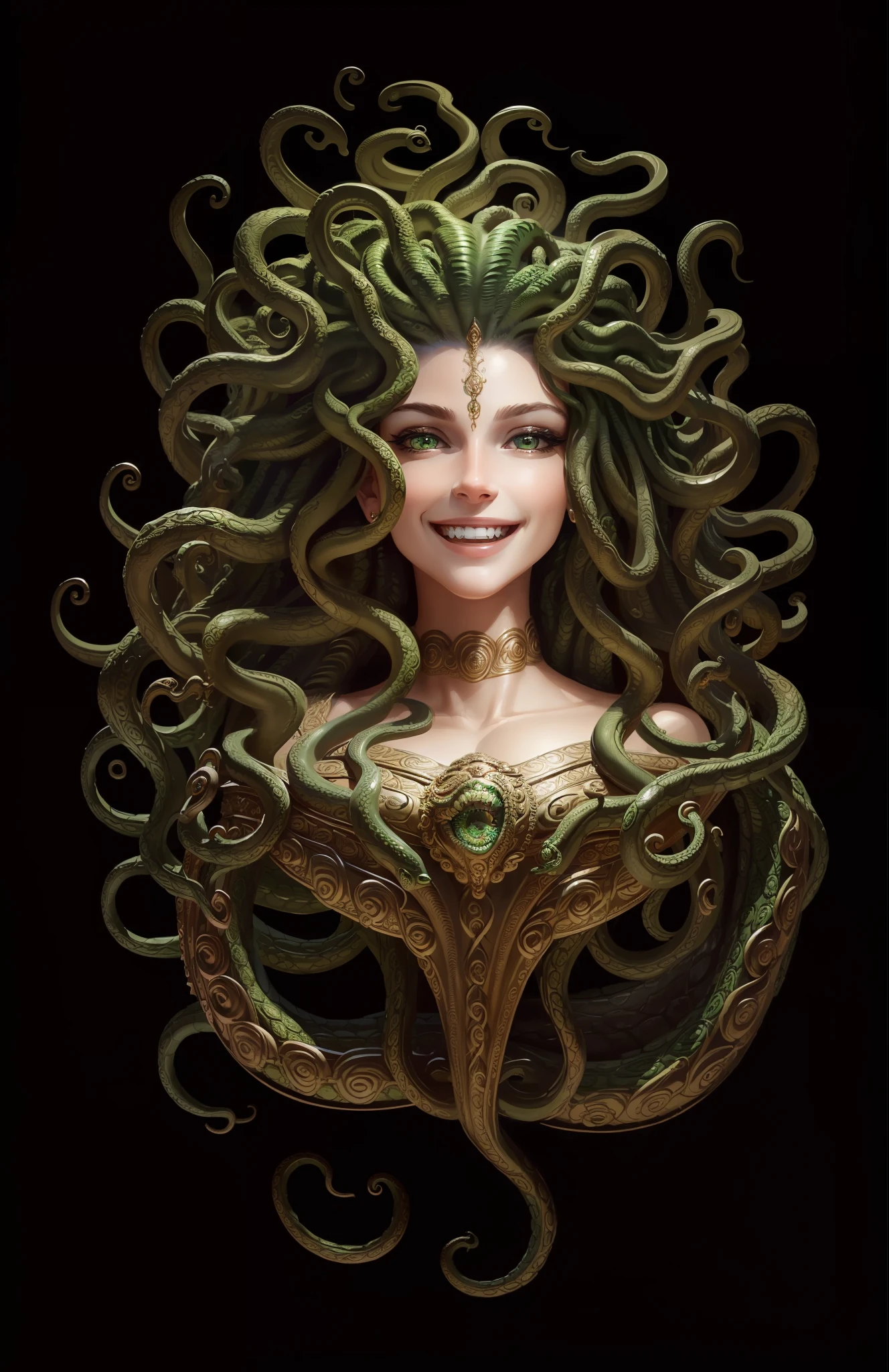 ((best quality)), ((masterpiece)), ((realistic)), Medusa, full body, (((BIG SMILE)))), hair is composed of numerous small snakes, green eyes, female face, carved metal top, real aura, trend in artstation, sharp focus, studio photo, intricate detail, very detailed, detailed eye, illustration, very detailed, sharp focus, digital rendering, professional, 4k
