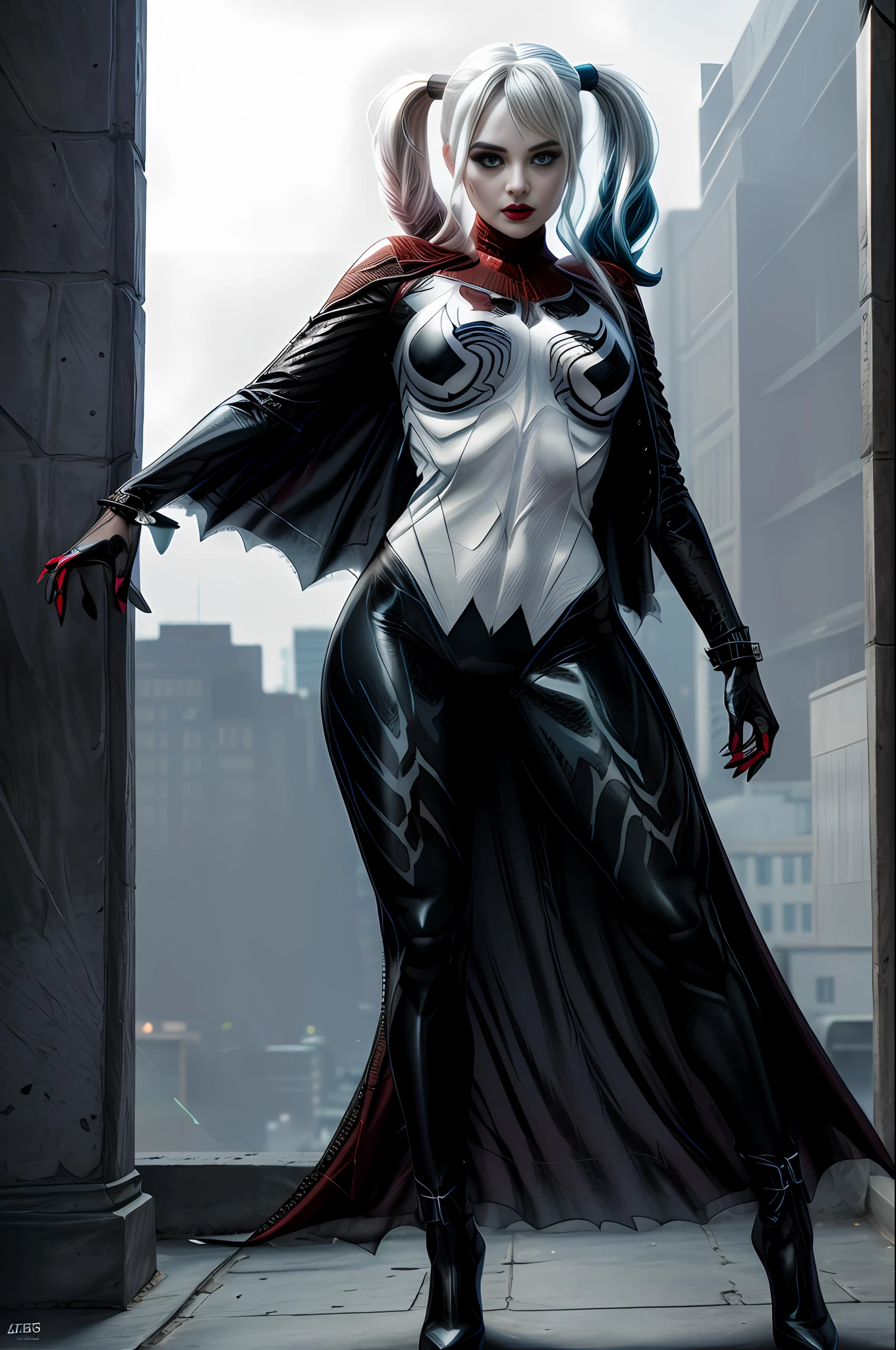 Symbiote, full body front view visible on feet: 1.5, headlights: 1.5, standing role: 1.2, beautiful face: 1.6, full body, DC and Marvel crossover, Harley Quinn and Venom fusion, standing, full body, white background, Harley Quinn hairstyle, Harley Quinn makeup makeup, venom costume, venom symbiote attached body, red lipstick, claw fingers, curved thighs, spider web pattern on torso, white and black color scheme, aggressive pose, highly detailed clothing, symmetrical asymmetry, heavy shadow, slender waist, slender legs, thin gaps, camelto, ((((ultra-detailed))), ((Best Quality))), (Masterpiece))), High Resolution, 8K, Anatomically Correct, Ultra HD Fine Seams, Slim Legs, Thin Waist, Camels, Highly Detailed Garments, (Extreme Detail CG Unity 8K Wallpaper, Masterpiece, Highest Quality), (Exquisite Lighting and Shadows, Highly Dramatic Graphics, Cinematic Lens Effects), Symmetry Asymmetry, Heavy Shadows, (((Ultra Detail))), (Best Quality))), ((Masterpiece))), High Resolution, 8K, Anatomically Correct, UHD, (excellent detail, excellent lighting, wide angle), (excellent rendering is enough to stand out in its class), - No out-of-frame