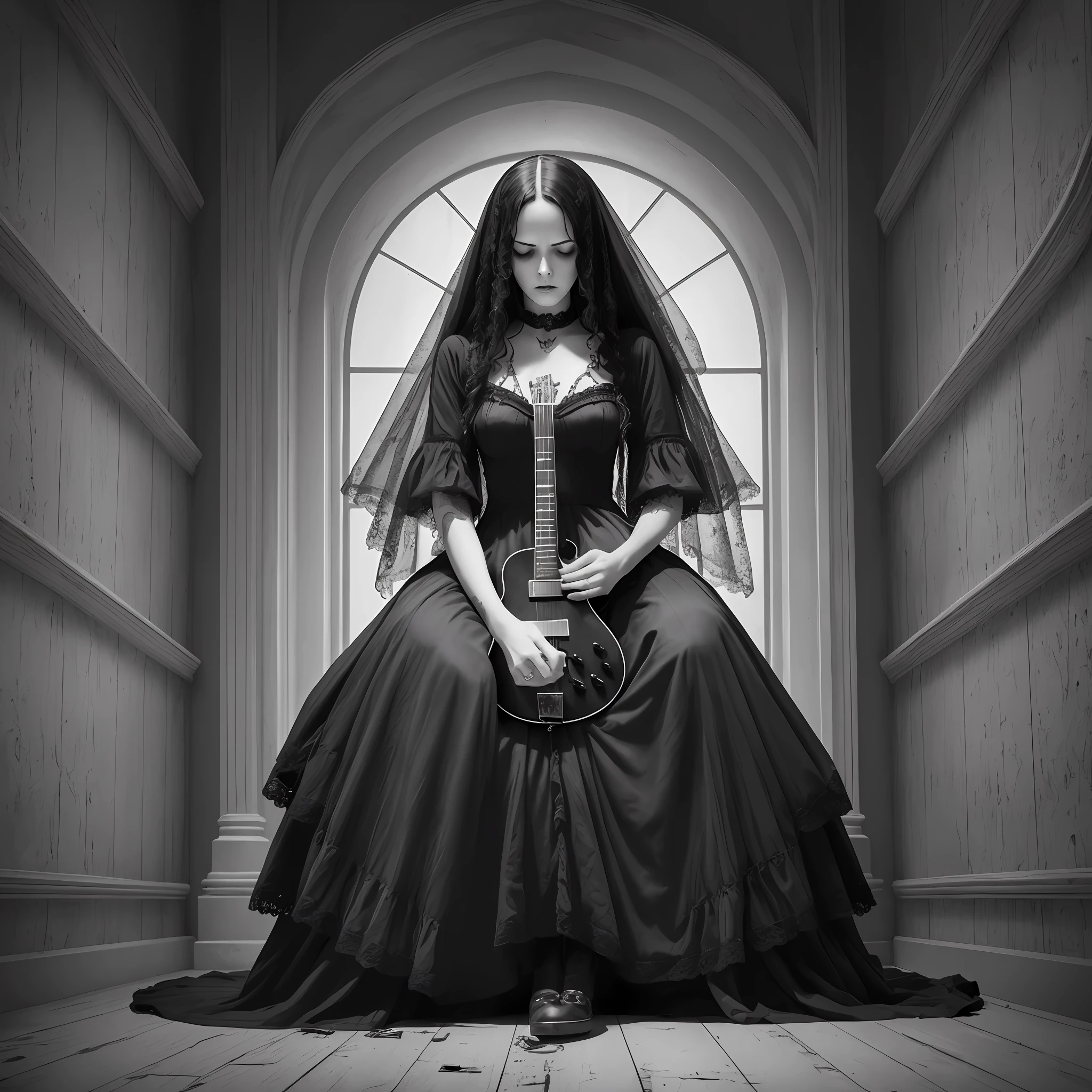 (best quality), (top quality), (dark), (full body), (melancholy), (sadness), (agony), (terror), (horror), (black and white), (realistic photo) gothic woman playing guitar --auto --s2