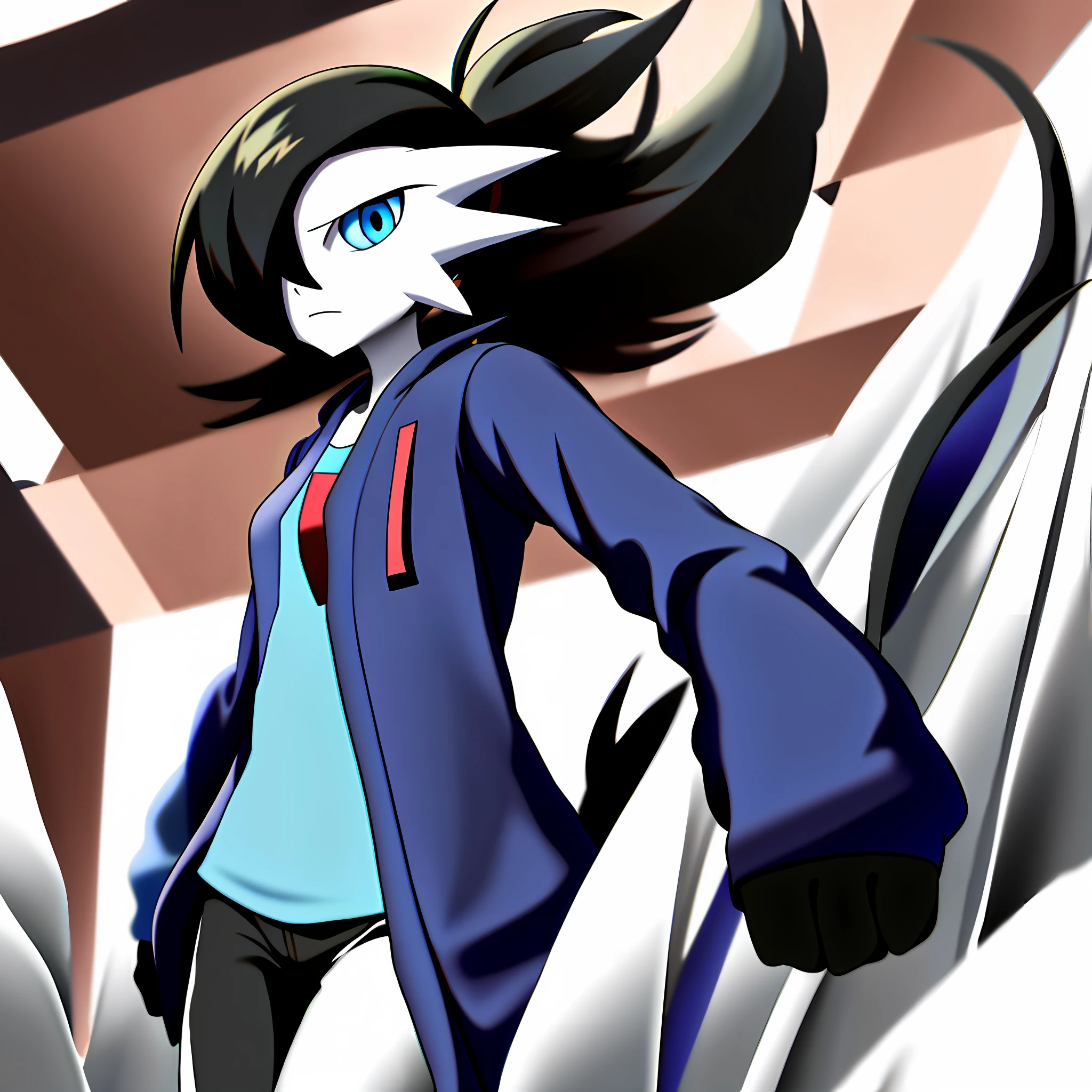 masterpiece, best_quality, 1girl, solo, gardevoir, creatures \(company\), game freak, nintendo, pokemon, pokemon \(game\), bangs, colored skin, female focus, gen 3 pokemon, black hair, (messy ponytail), black cardigan, tshirt, sweatpants, tired expression, black skin, hair over one eye, multicolored skin, pokemon \(creature\), blue eyes, two-tone skin, white skin