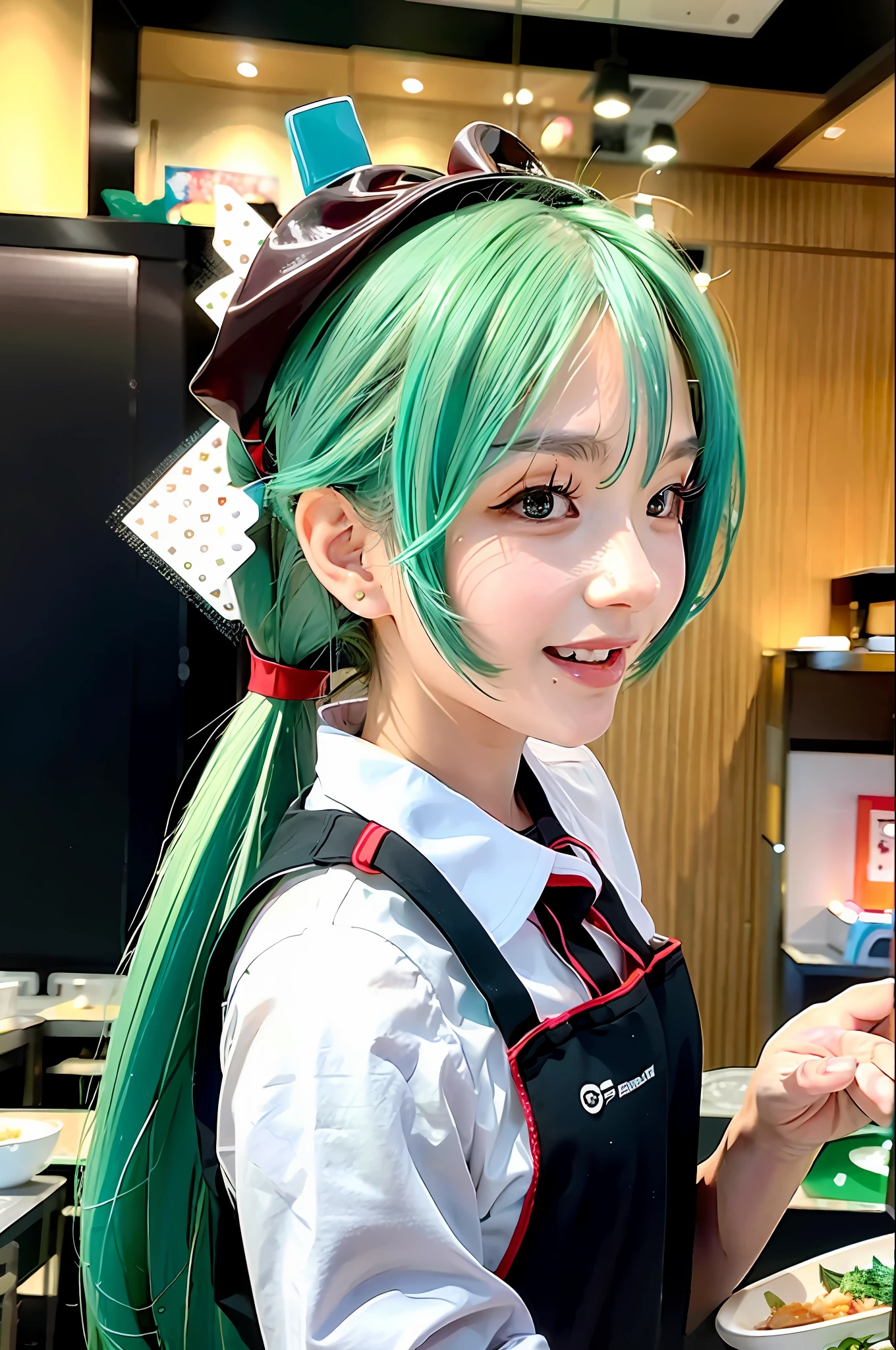 masterpiece, best quality, pov, 1girl,long hair,hatsune miku,headgear,green hair,twintails,apron,smile,table,food,eating,restaurant