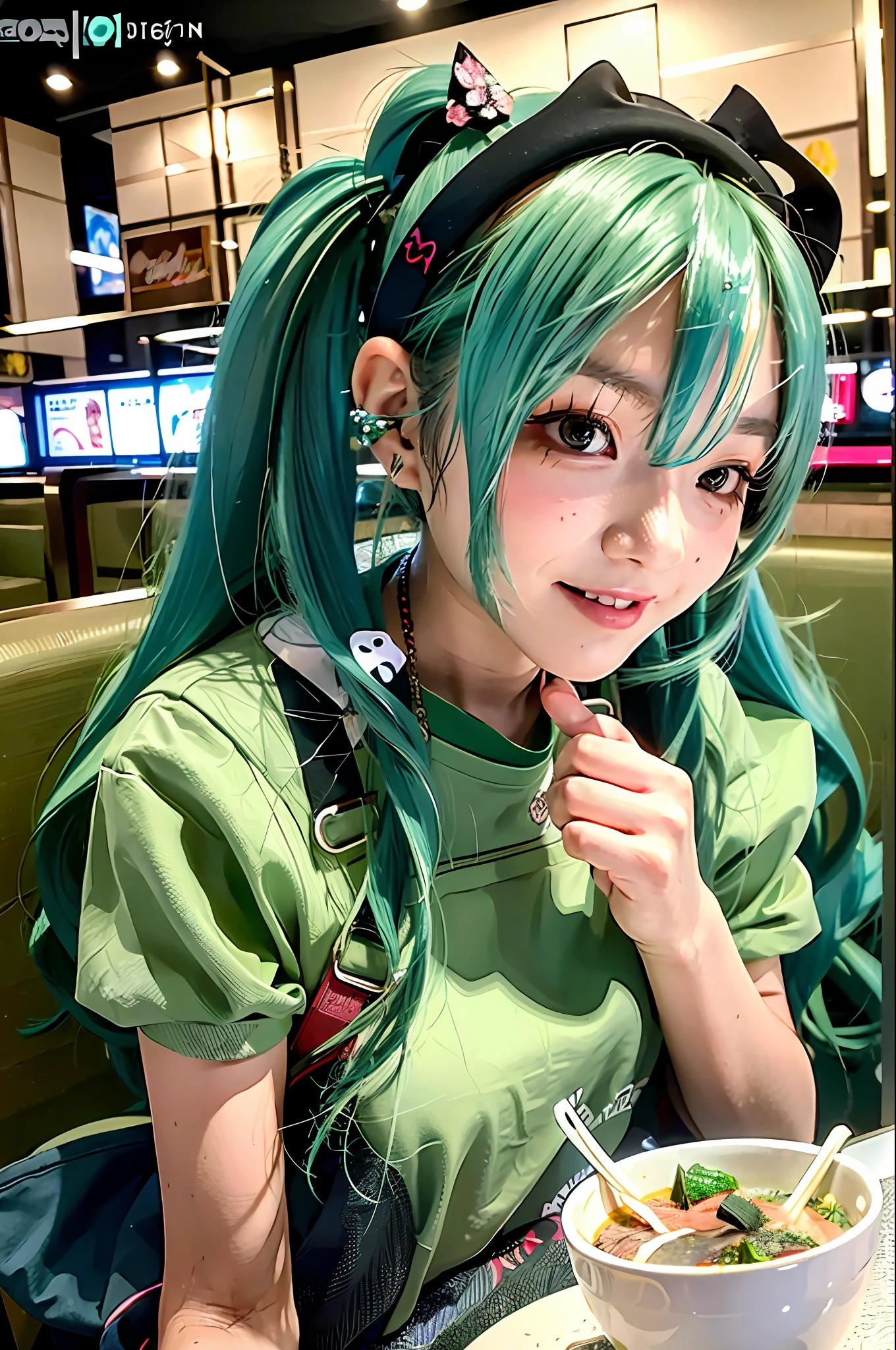 masterpiece, best quality, pov, 1girl,long hair,hatsune miku,headgear,green hair,twintails,apron,smile,table,food,eating,restaurant