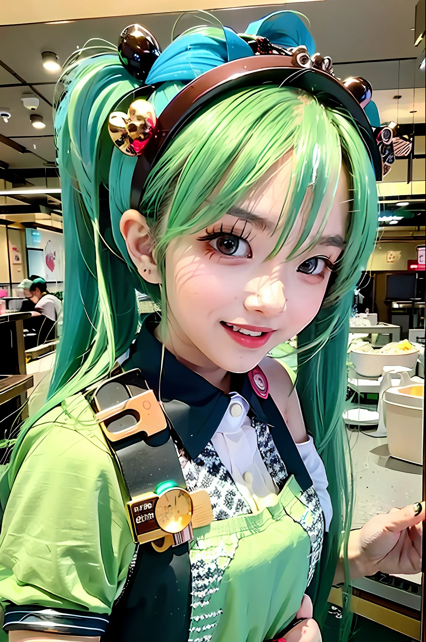 masterpiece, best quality, pov, 1girl,long hair,hatsune miku,headgear,green hair,twintails,apron,smile,table,food,eating,restaurant