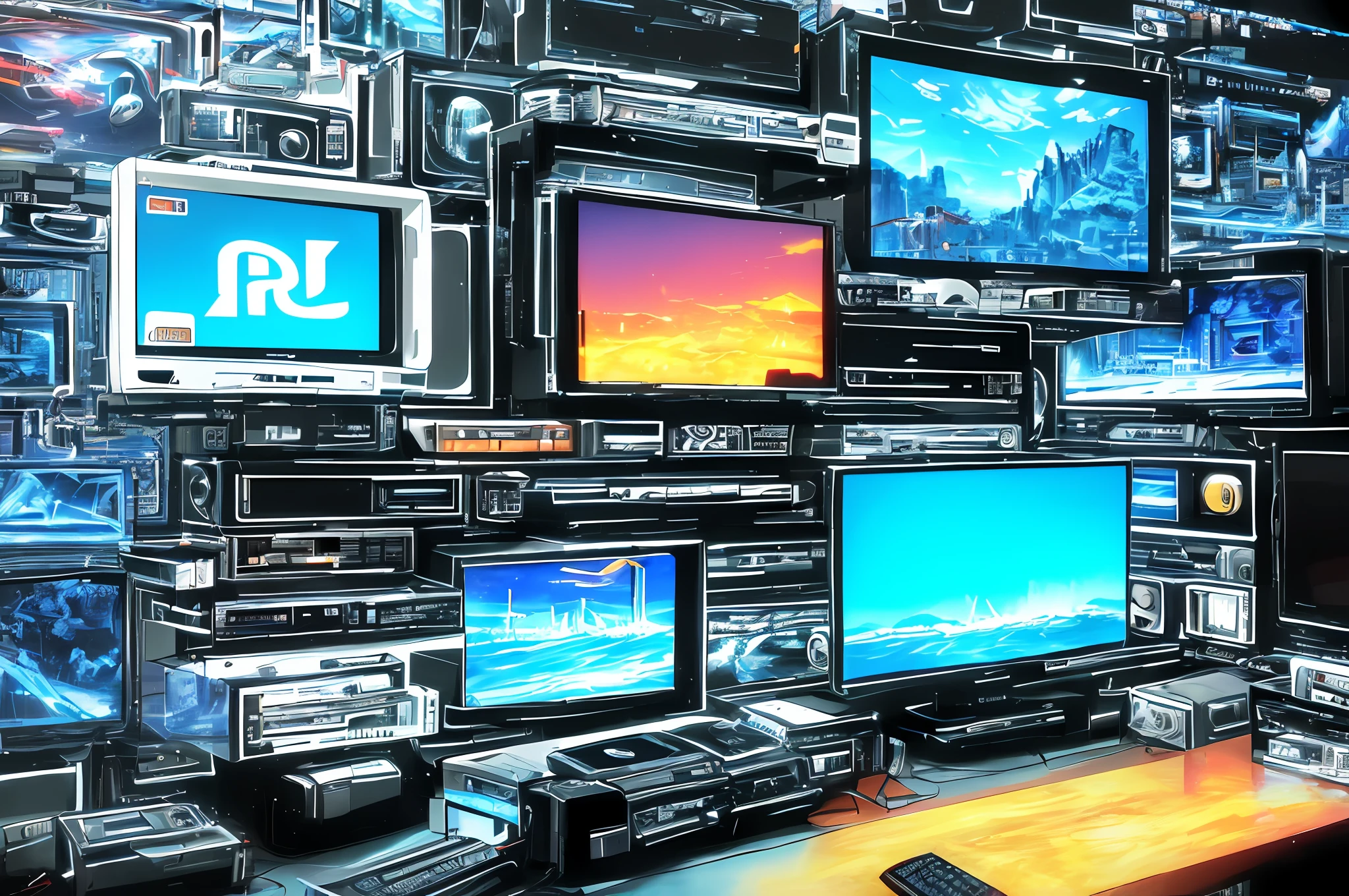 (masterpiece, best quality, CRT screen, retro style, retro design, electronic devices, video game console, product rendering, high-tech device),(specify screen type: CRT screen), a mixture of various images and videos, TV CM, dynamic background, vintage style, commercial video, creative composition, black and white, no color, black line.