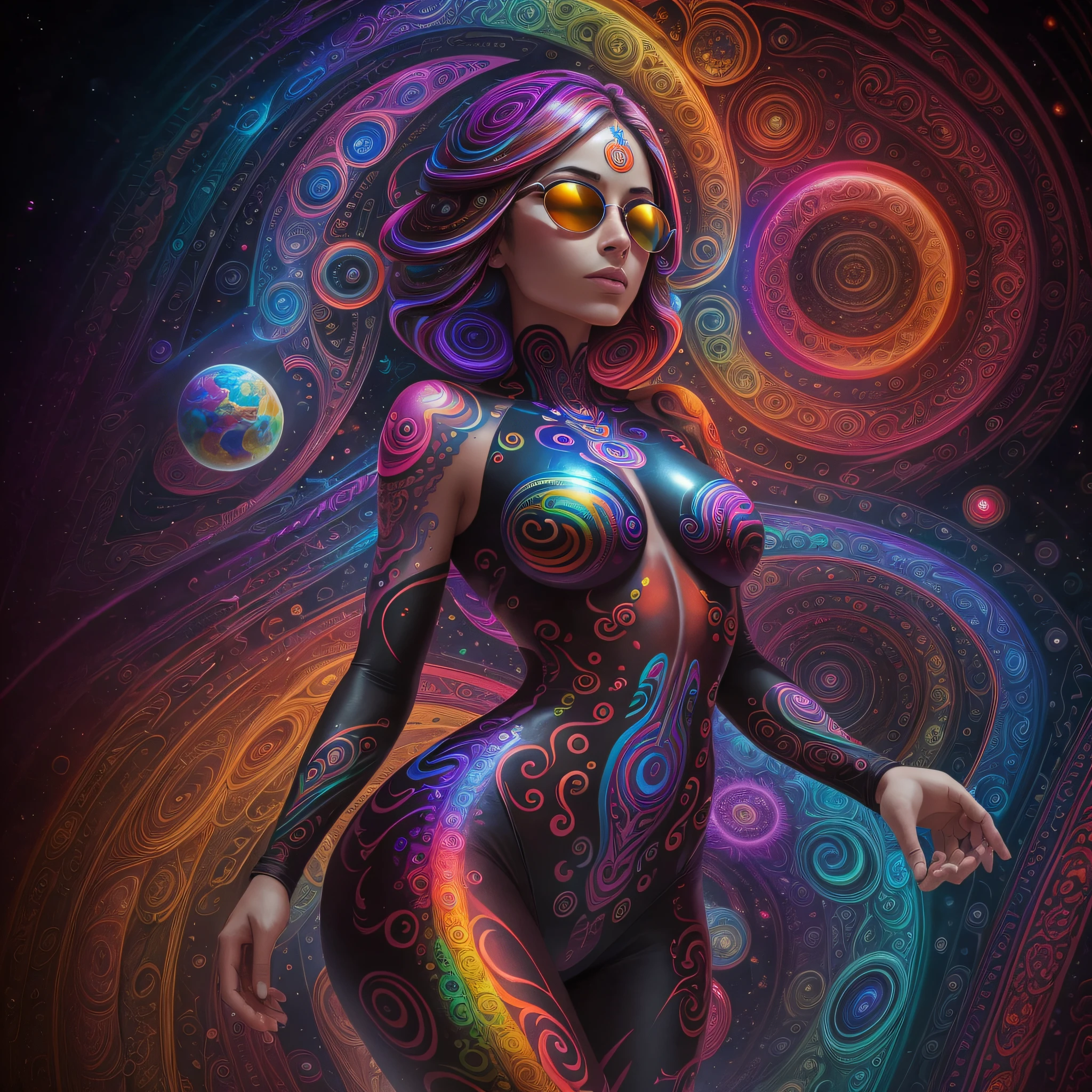 woman over 26 years of age, with perfect oval breasts, wearing sunglasses, tight leather straps on the thighs, cinematic, 4k ultra, beautiful face, ((full body)), detailed, beautiful woman: 1.3, beautiful face with good sharpness, full body, saturated colors, psychedelic image, LSD, mandala, fractral, costume, tattoo, painted body, art similar to the art of Alex Grey, a lot of color saturation, vortex, planet earth, galaxy, with lots of lighting, shading and contrast, eyes well centered and with contrast, 3D depth, no clothes, only 2 arms, only 2 feet, only hands or feet that are part, hands proportional to the body --auto --s2