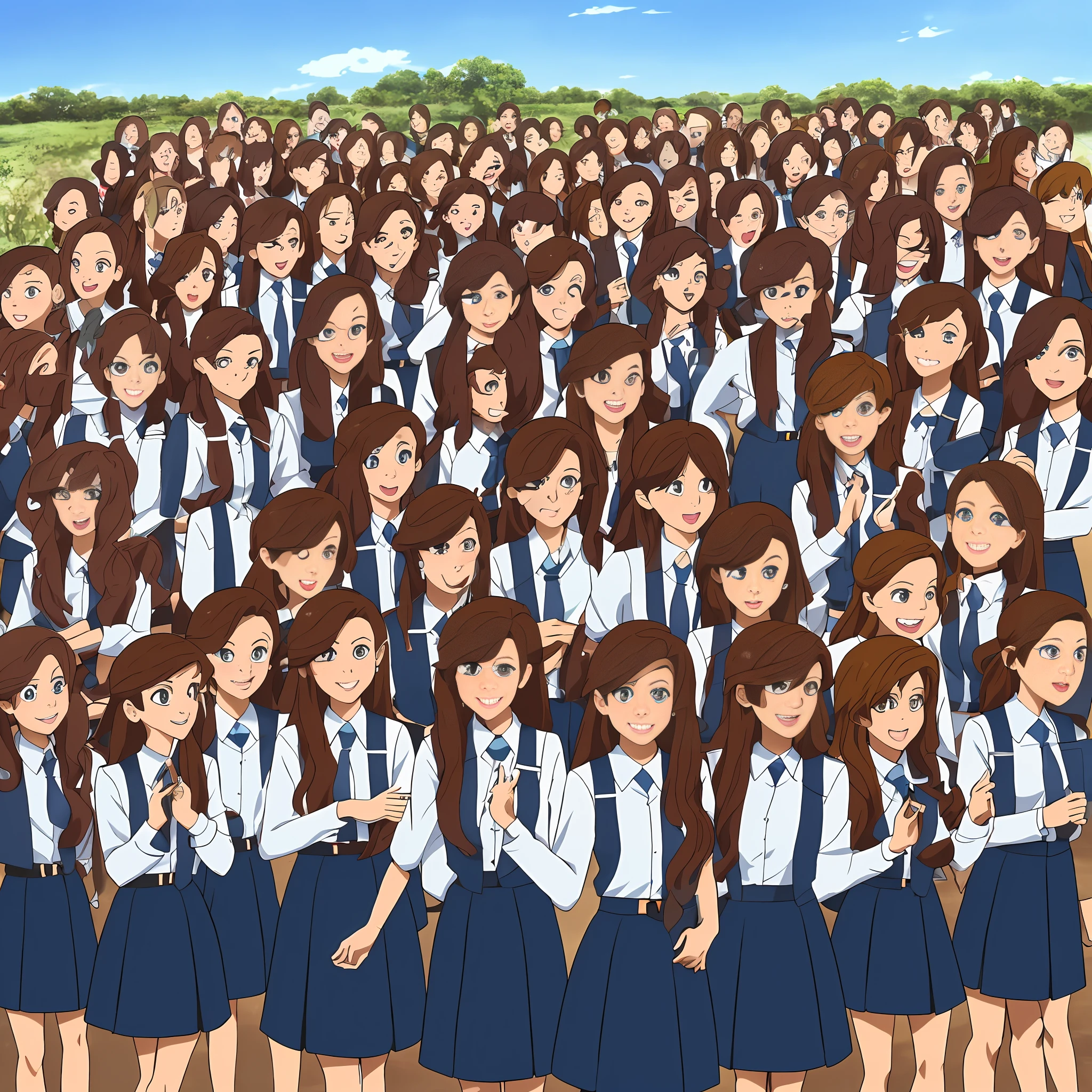 perfect anime illustration, multiple girls, clones, identical sisters, brown hair, curly hair, long hair, matching hairstyle, hazel eyes, smiling, business attire, blue skirt suit, black high heels, matching outfits, businesswomen, highres, full body, bare legs, neat rows of sisters