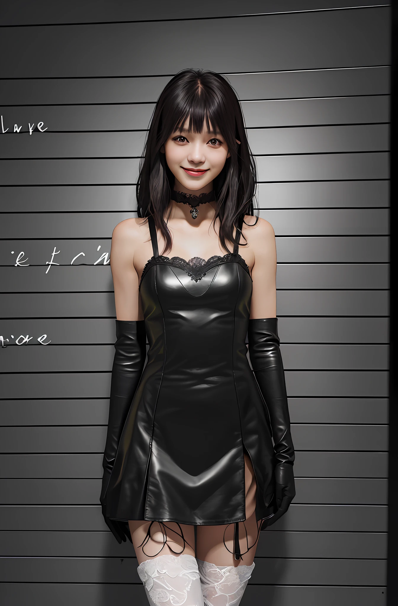 Best quality, masterpiece, ultra high resolution, (photorealistic: 1.4), raw photo, dramatic lighting, black dress, black gloves, mischievous smile, black leather boots lace, dark brown hair, bangs, Japanese