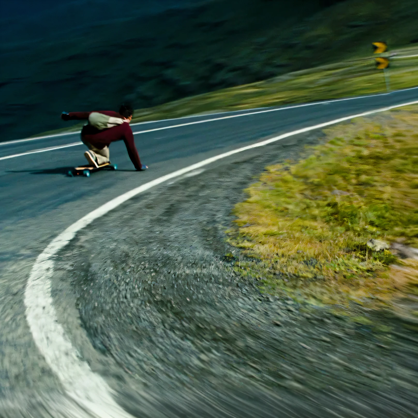 there is a man riding a skateboard down a winding road, point break, shot from danis villeneuve movie, chasing action scene, skilled, wideshot, epic scene, inspiring, widescreen shot, epic low shot, movie screen shot, cinematic widescreen shot, cinematic action shot, speed, high speed action, trailer, breathtaking shot, hyperreal movie shot