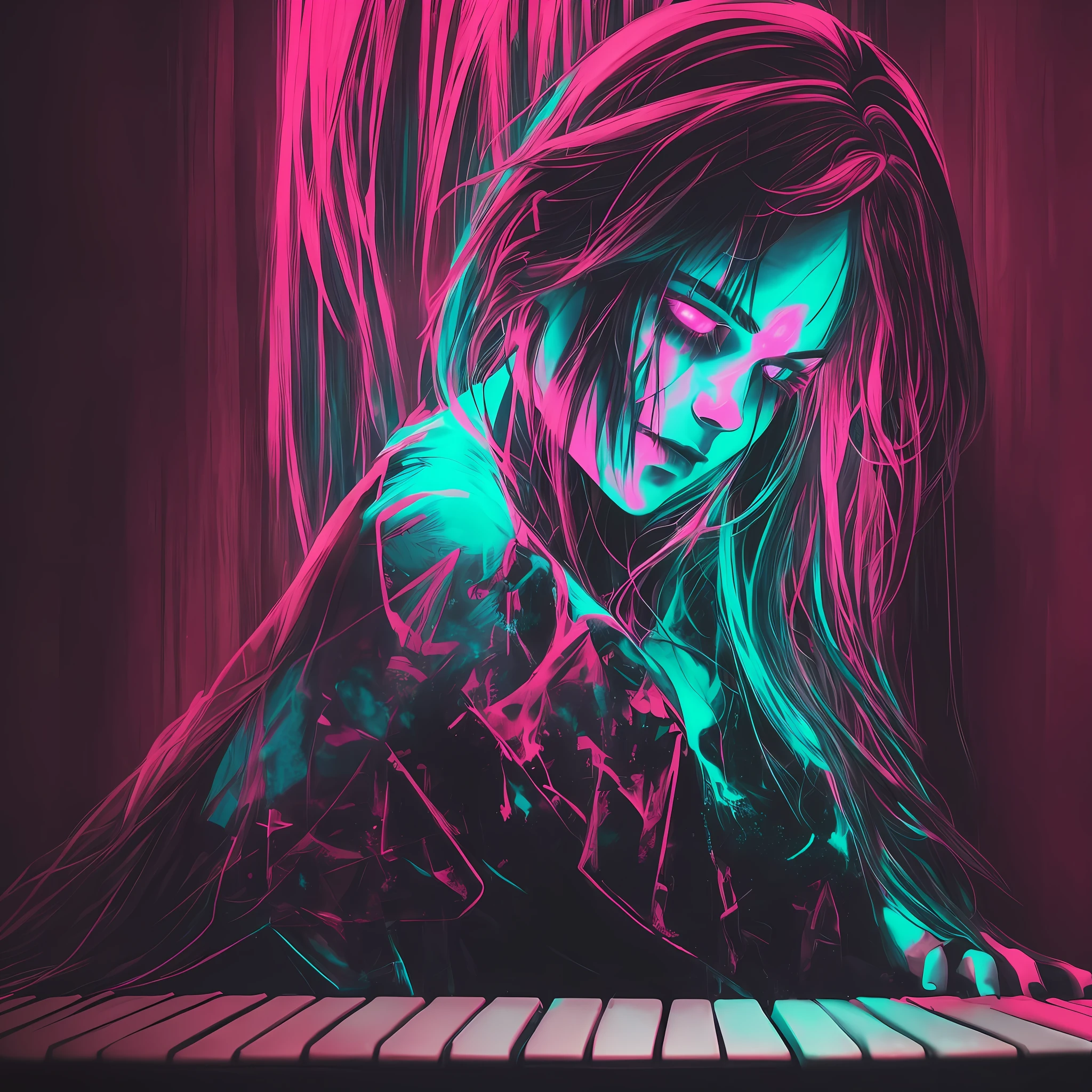 (best quality), (top quality), (dark), (full body), (melancholy), (sadness), (agony), (terror), (horror), (vibrant colors, neon), (realistic photo) gothic woman playing piano --auto --s2