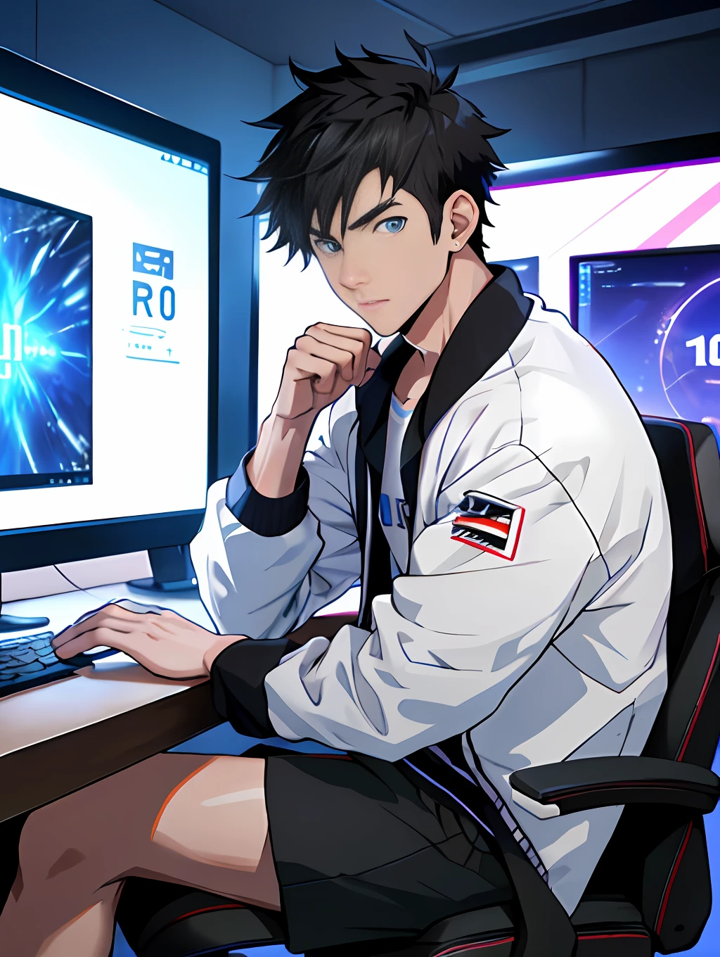 Best quality: 1.0), (Super High Resolution: 1.0), Anime boy, short black hair, blue eyes, sitting in front of computer playing games, background in esports room,