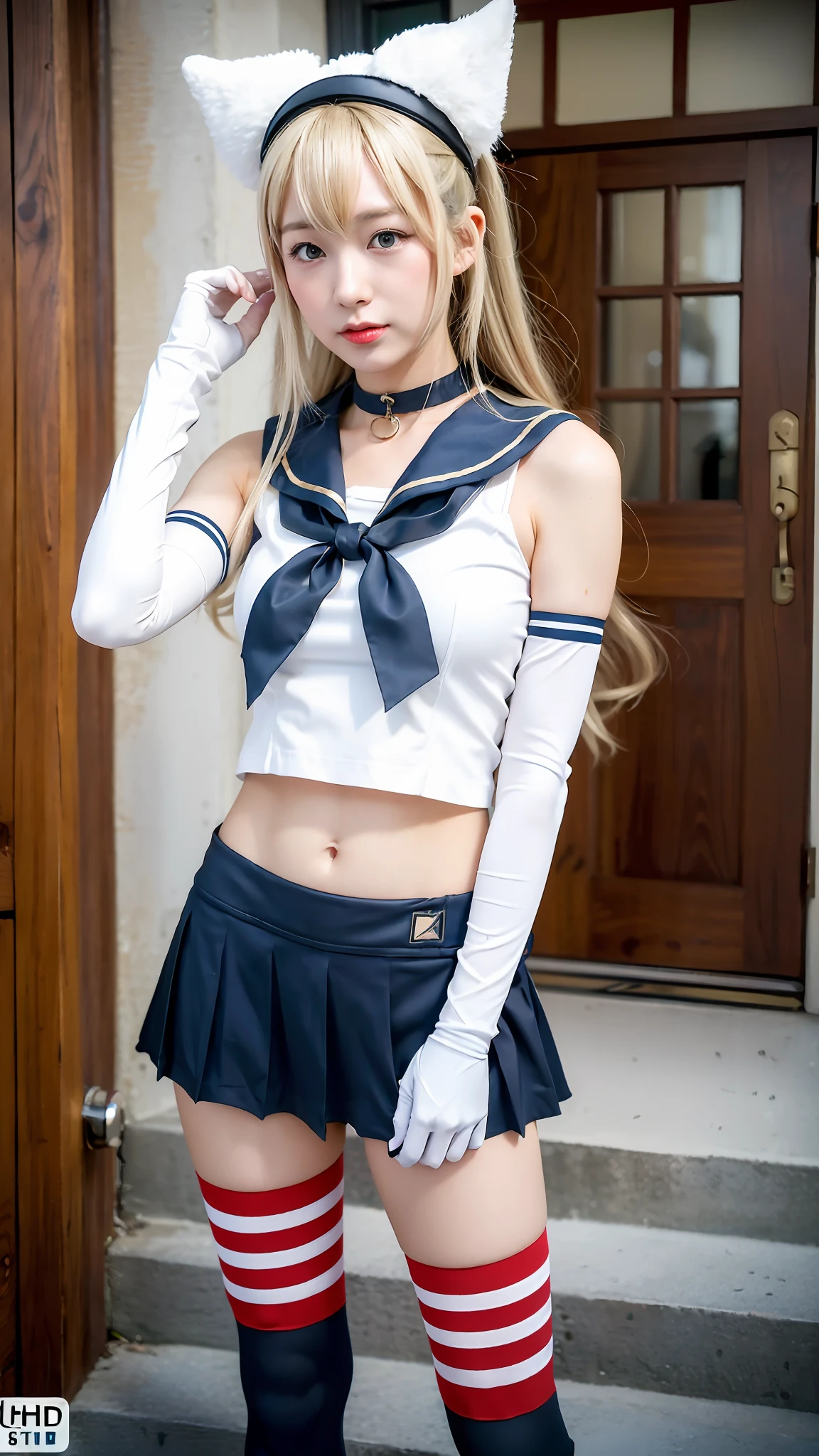 (Best quality, 8k, 32k, Masterpiece, UHD:1.2), (realistic), (photorealistic:1.2), ultra-detailed, extremely beautiful face & eyes, shimakaze, blonde hair, striped thighhighs, microskirt, elbow gloves, sailor collar, anchor hair ornament, highleg panties, black panties, loli, 1girl, round small face, slim proportions, Photo of Pretty Japanese woman, \(Kantai Collection shimakaze\),