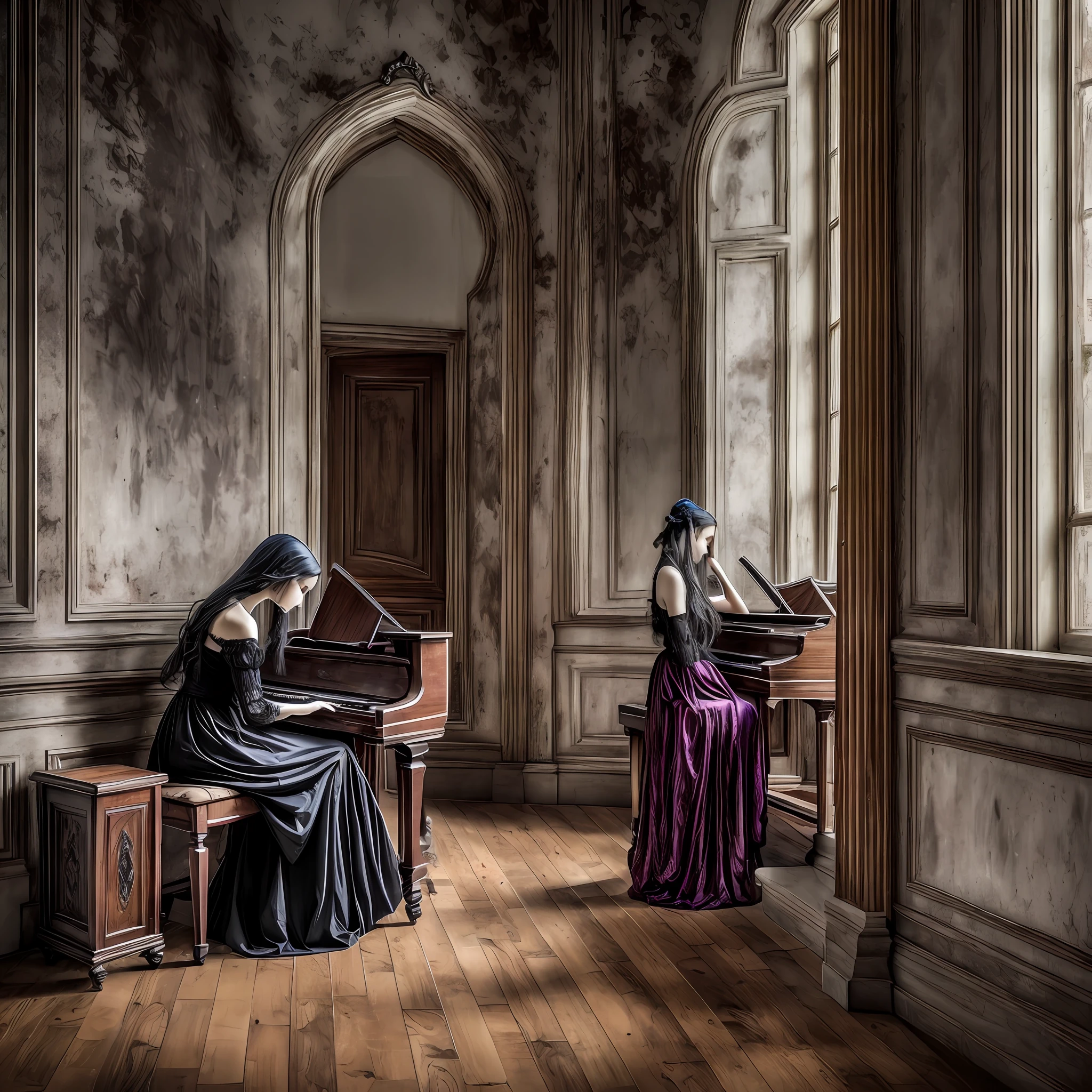 (best quality), (top quality), (dark), (full body), (melancholy), (sadness), (agony), (terror), (horror), (vibrant colors, bright), (realistic photo) Gothic woman playing piano --auto --s2