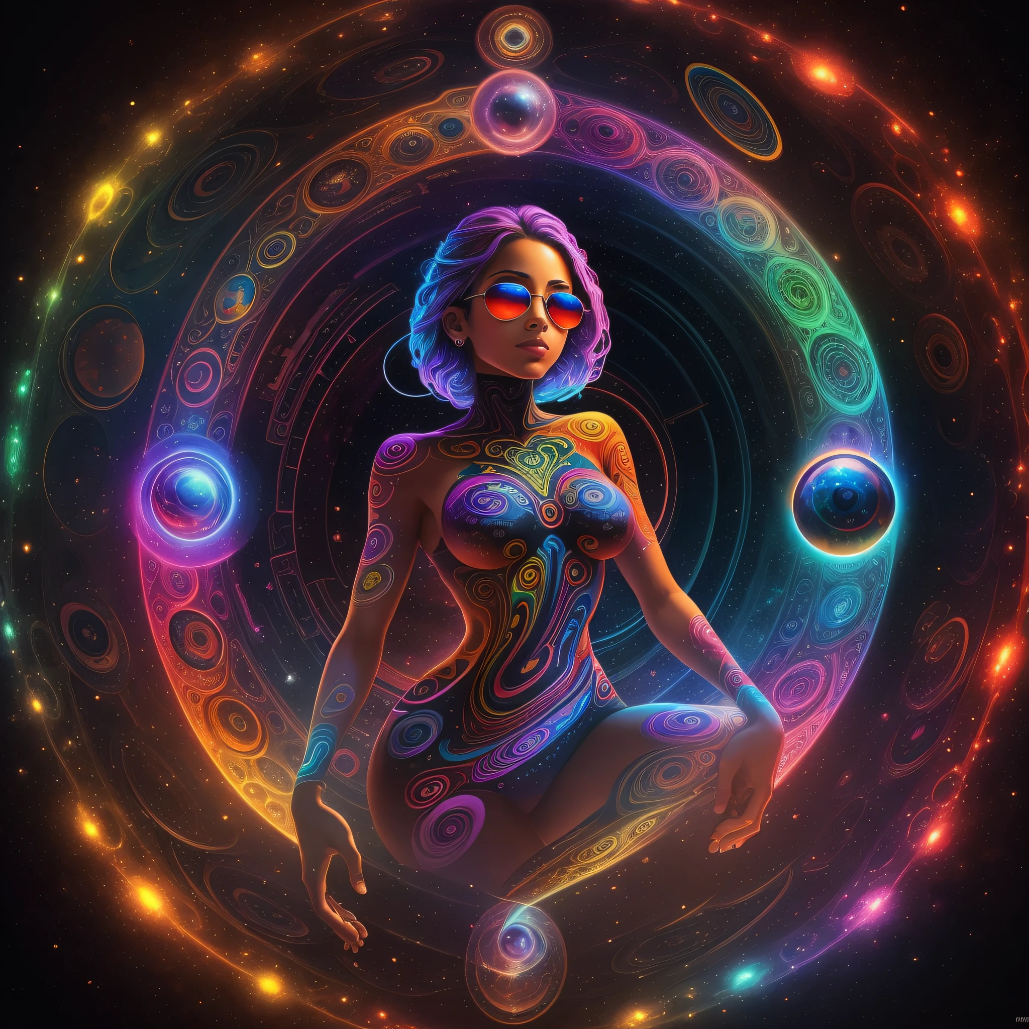 woman over 26 years of age, with perfect oval breasts, wearing sunglasses, tight leather straps on the thighs, cinematic, 4k ultra, beautiful face, ((full body)), detailed, perfect fingers, beautiful woman: 1.3, beautiful face with good sharpness, full body, saturated colors, psychedelic image, LSD, mandala, fractral, costume, tattoo, painted body, art similar to the art of Alex Grey,  a lot of color saturation, vortex, planet earth, galaxy, with lots of lighting, shading and contrast, eyes well centered and with contrast, 3D depth, no clothes, only 2 arms with 5 fingers on each hand, only 2 feet with 5 toes on each foot, can not have hands or feet that are not part of the corp --auto --s2